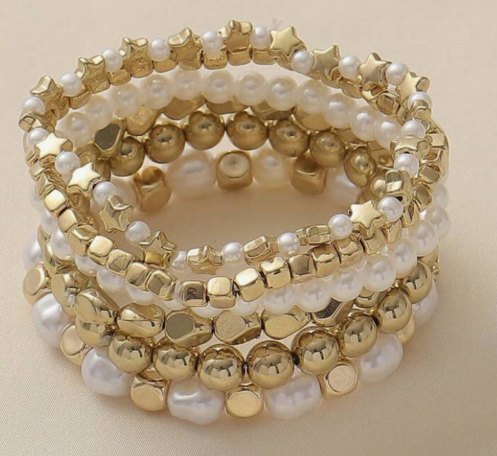 Blakely - Gold & Pearl Beaded Bracelet Set