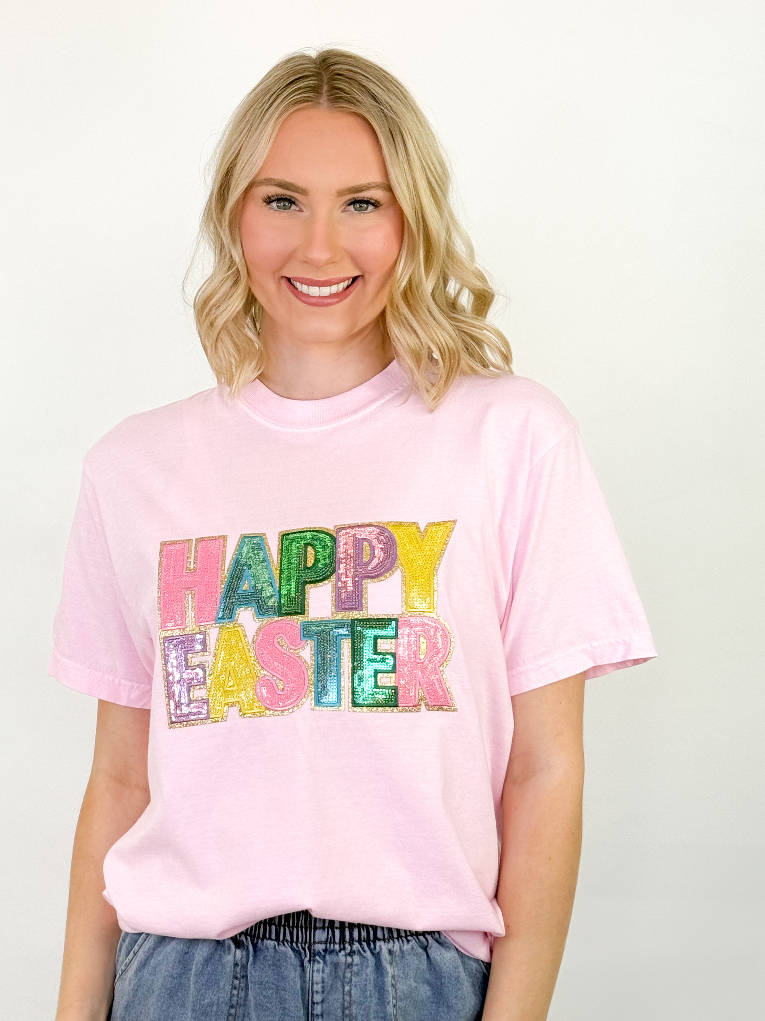 Happy Easter Sequin Patch Graphic Tee (Pink)