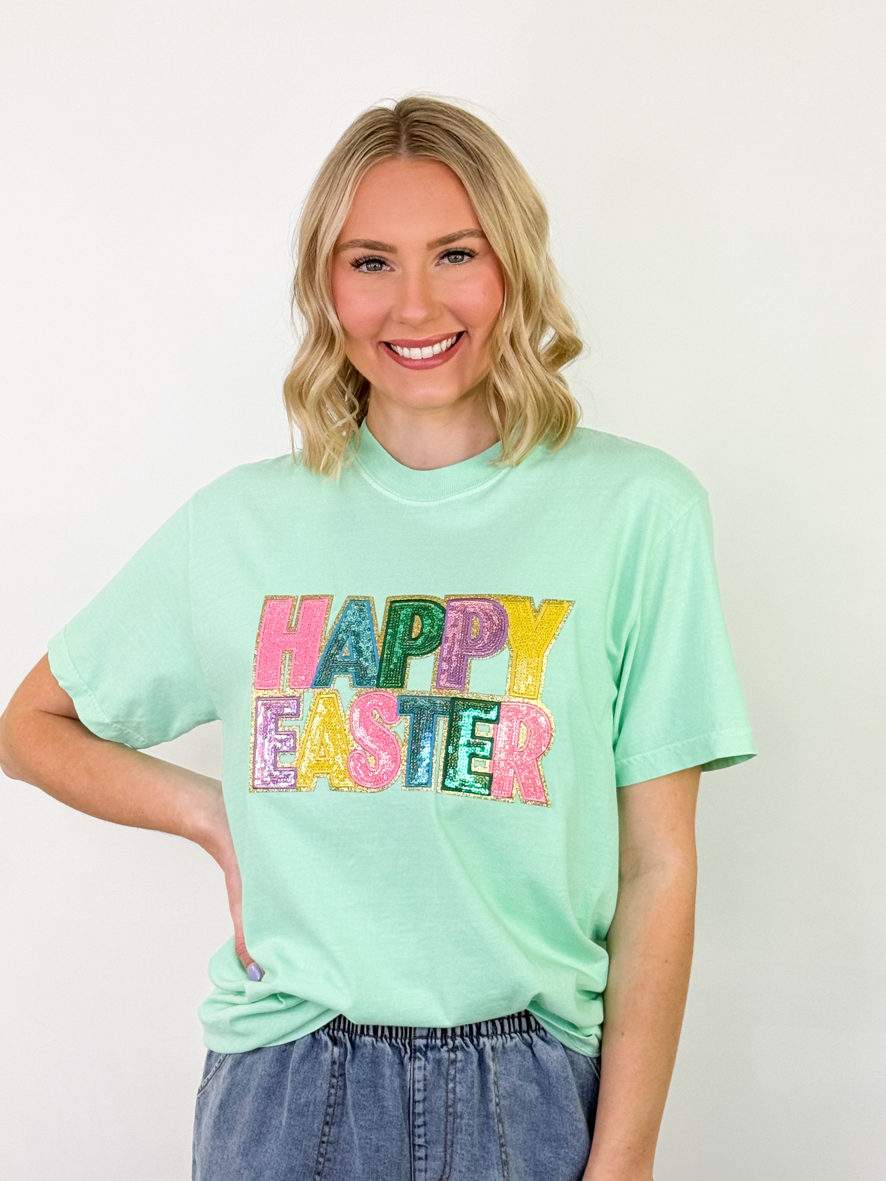 Happy Easter Sequin Patch Graphic Tee (Seafoam Green)