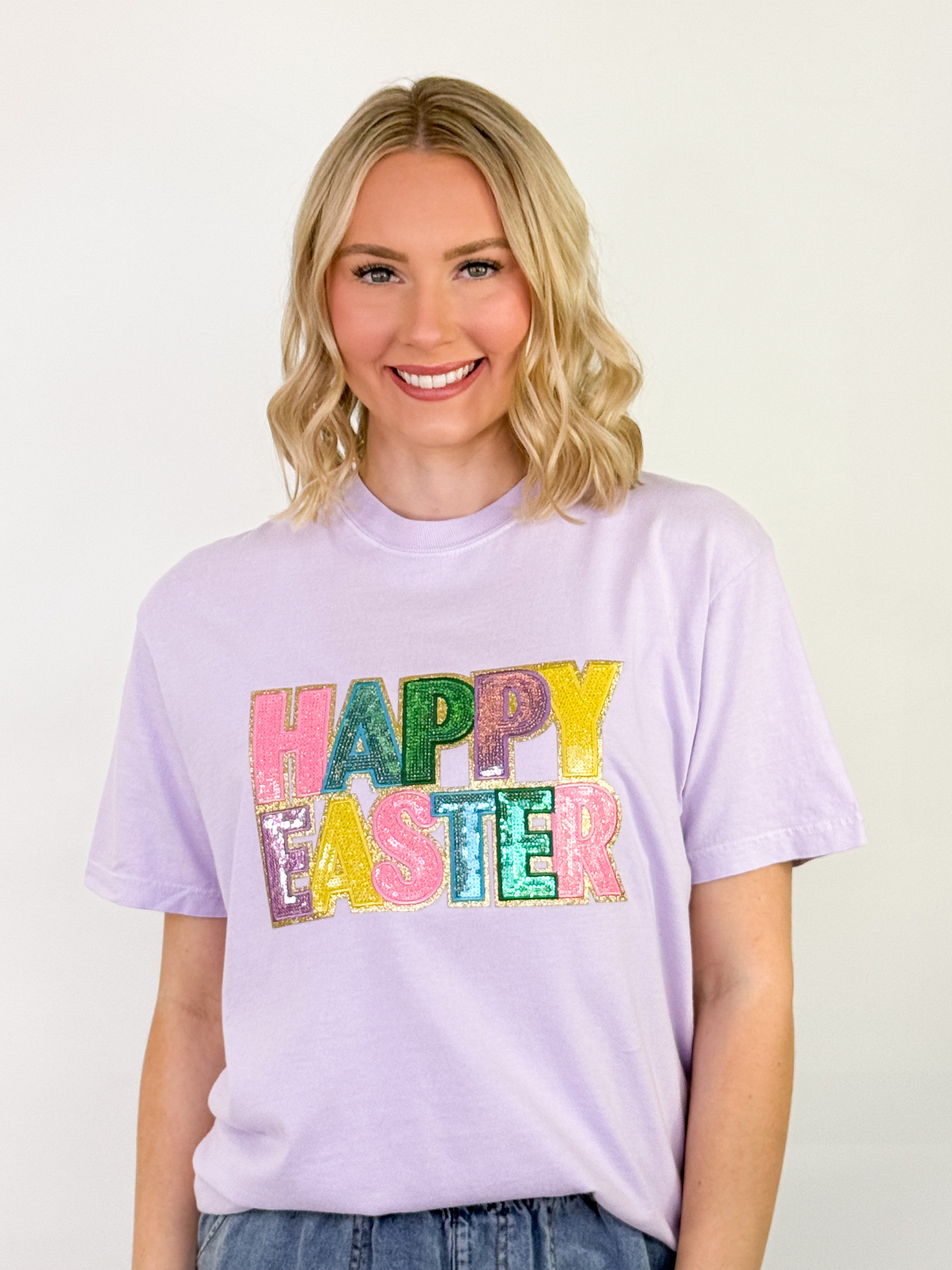 Happy Easter Sequin Patch Graphic Tee (Lavender)