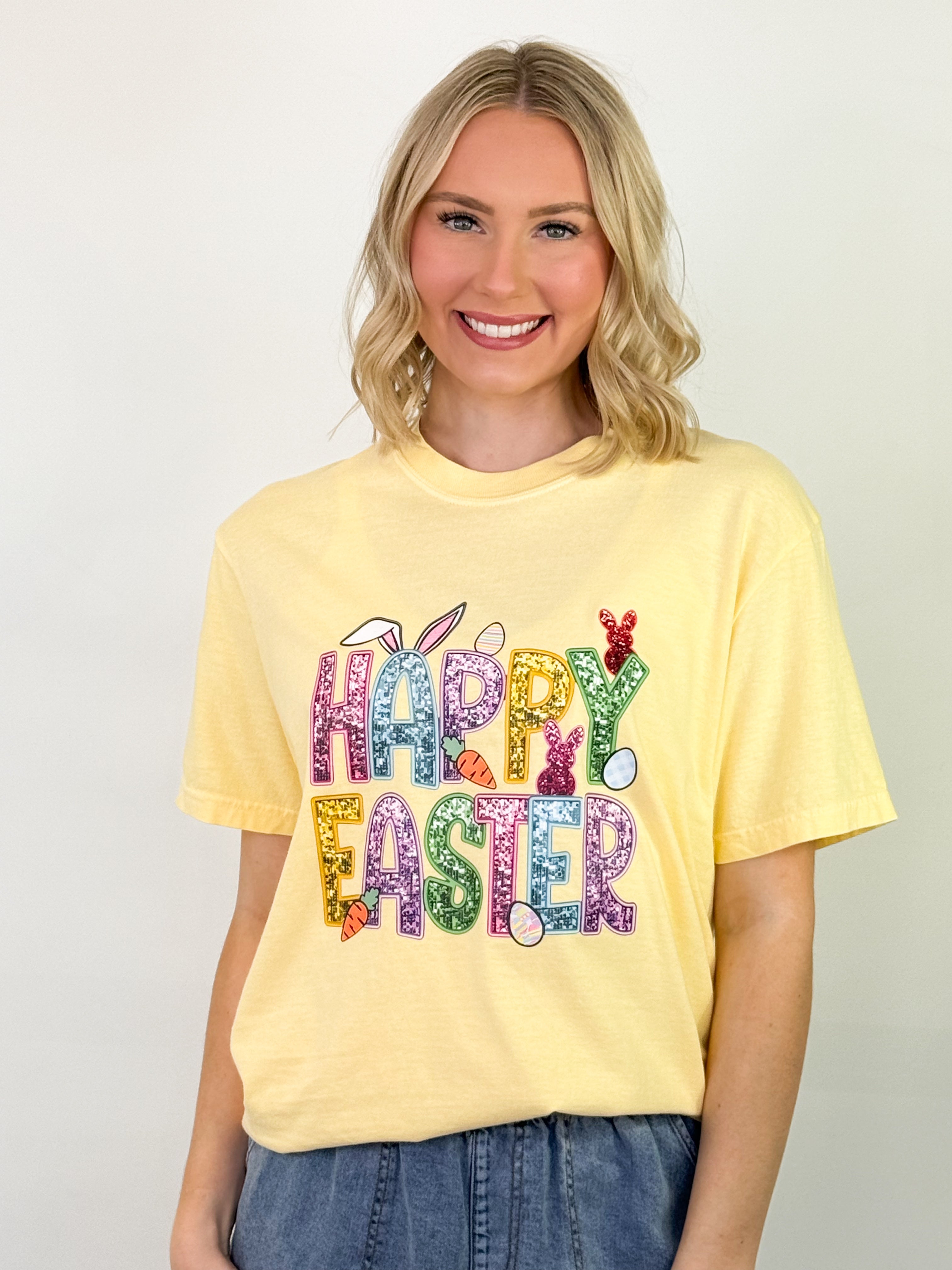 Happy Easter Faux Sequin Graphic Tee (Yellow)