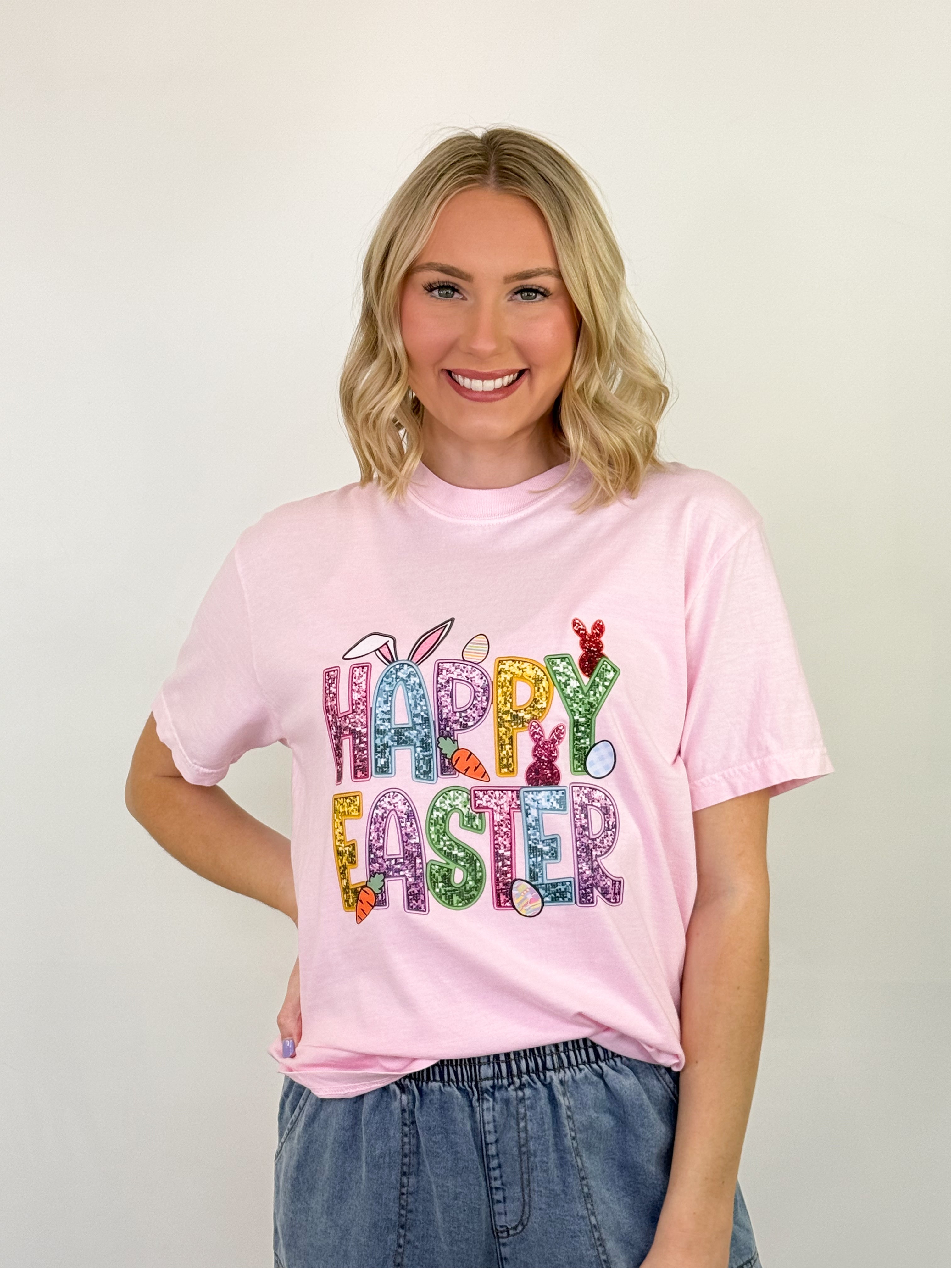 Happy Easter Faux Sequin Graphic Tee (Pink)