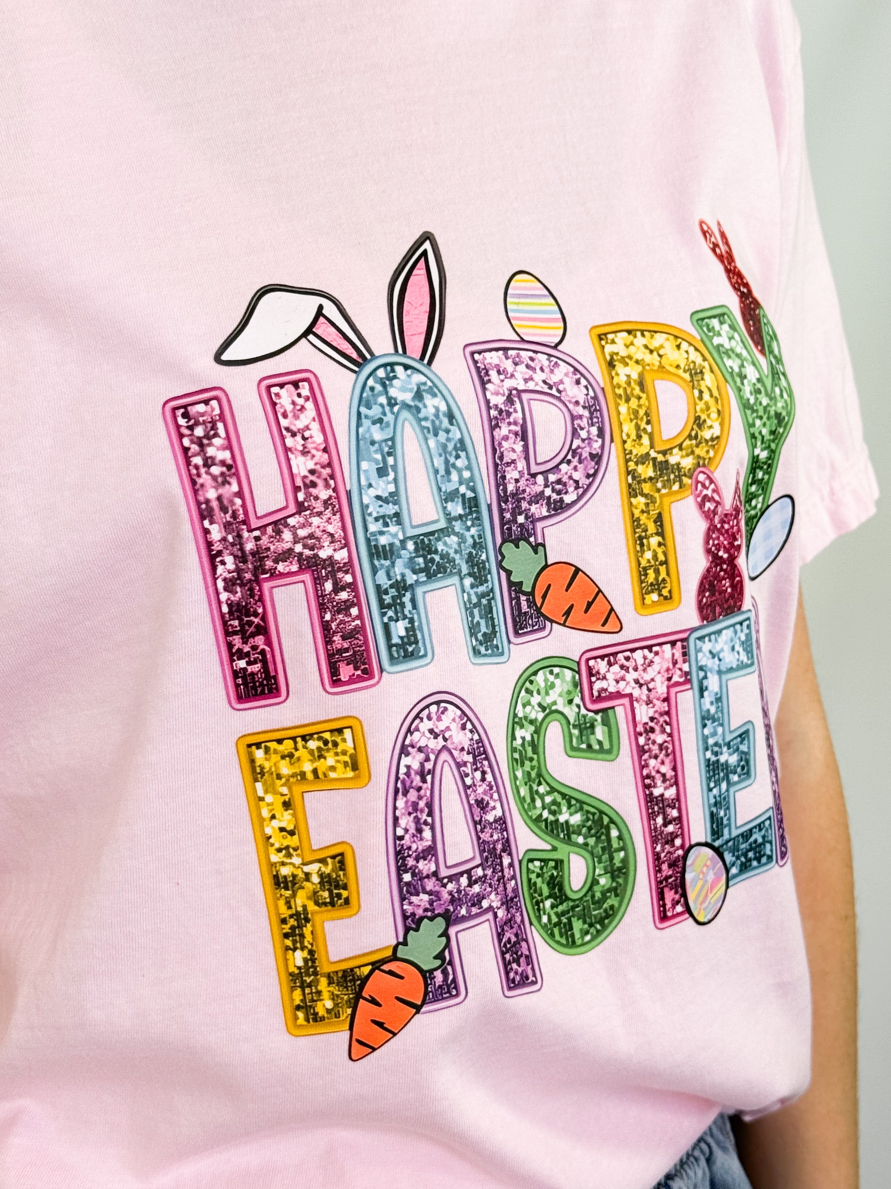 Happy Easter Faux Sequin Graphic Tee (Pink)