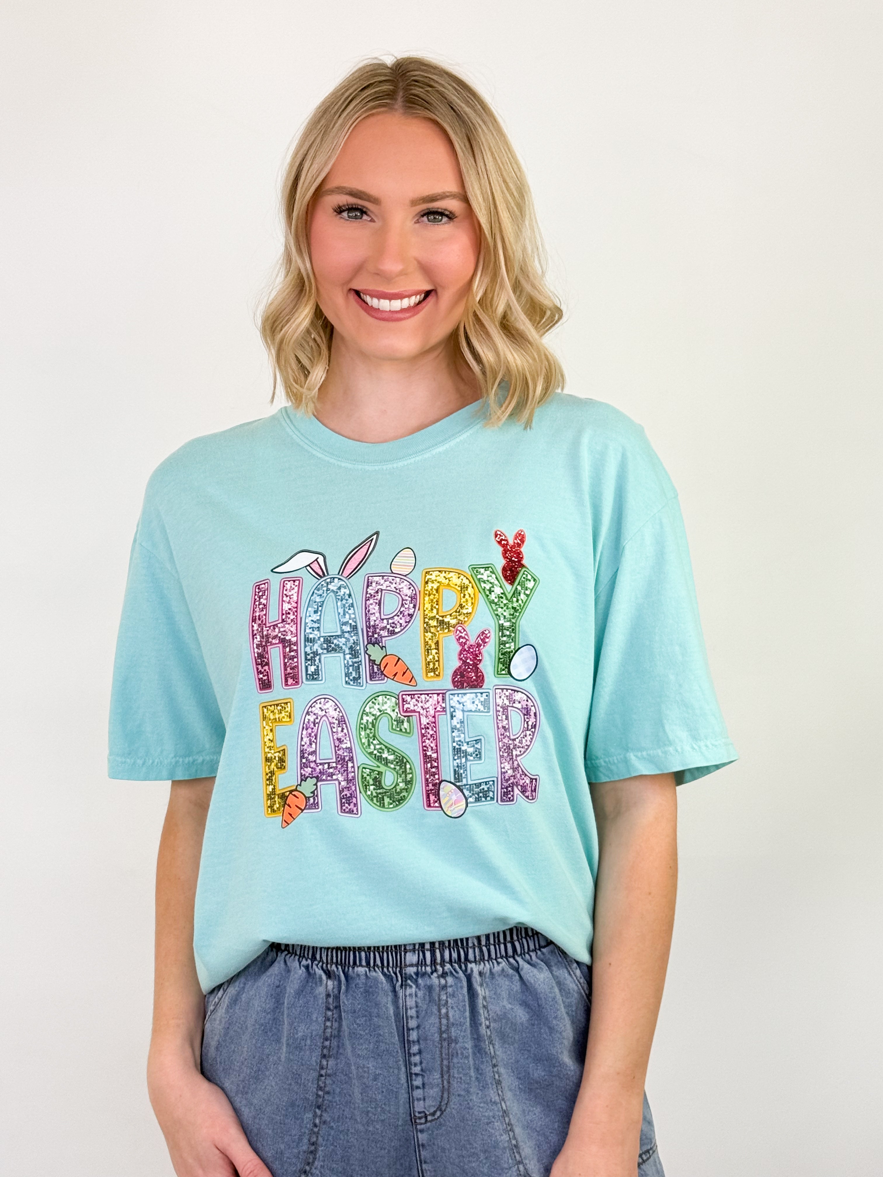 Happy Easter Faux Sequin Graphic Tee (Mint)