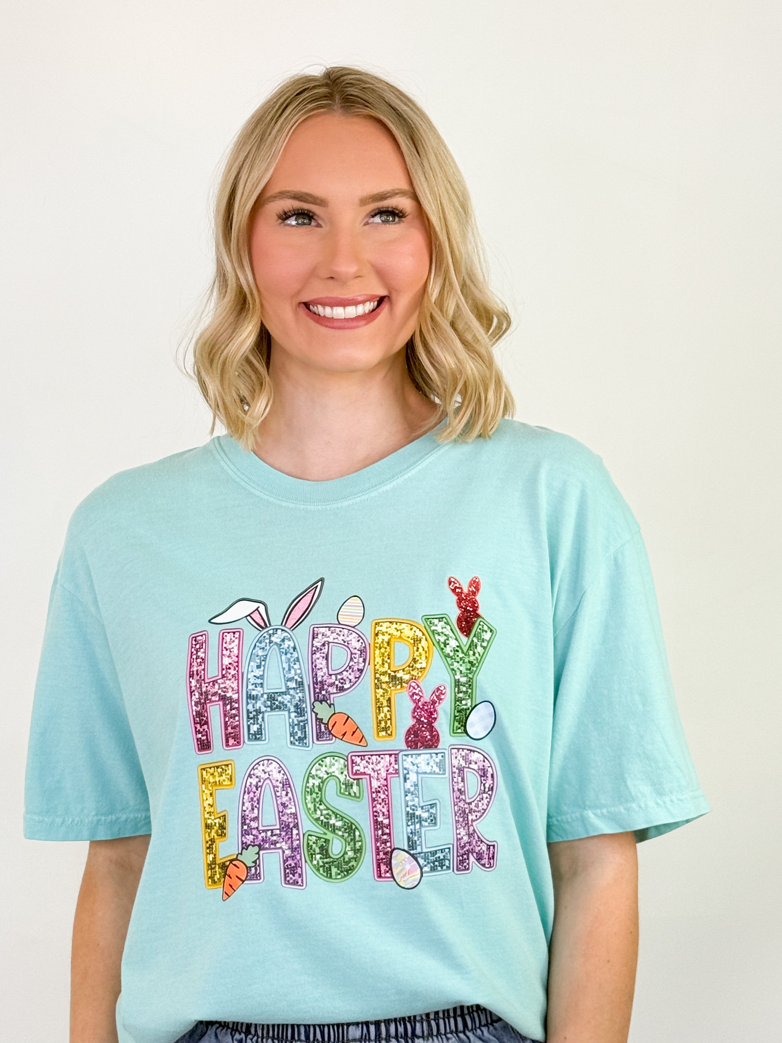 Happy Easter Faux Sequin Graphic Tee (Mint)