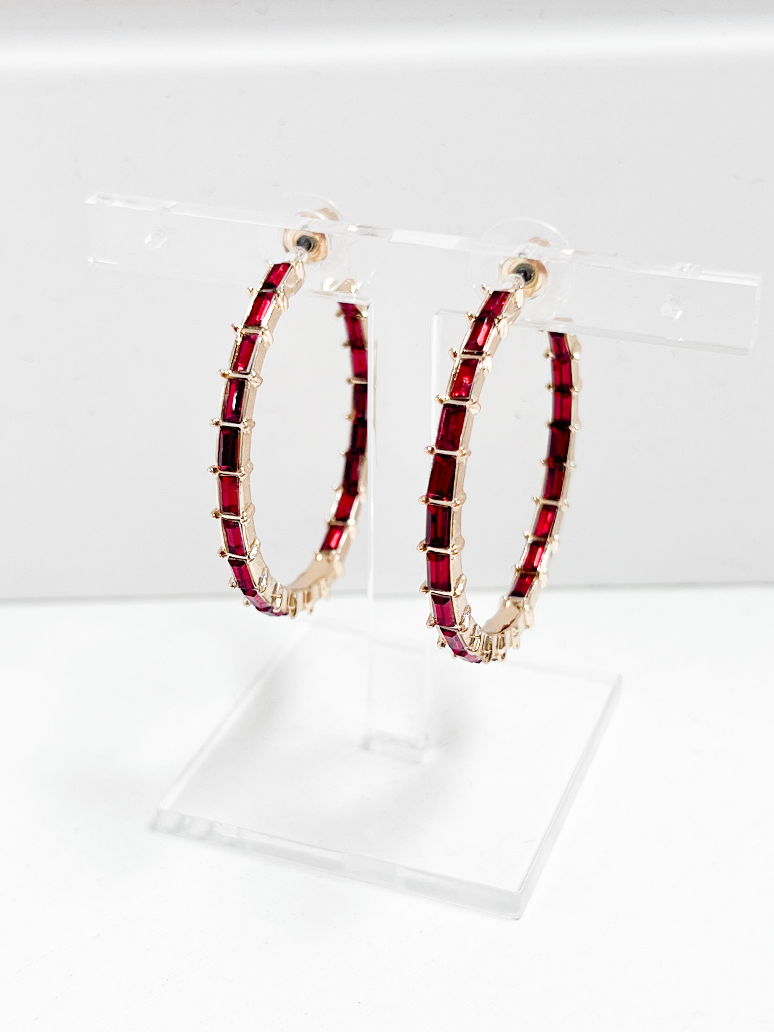 Blair - Baguette Rhinestone Hoop Earrings (Red)