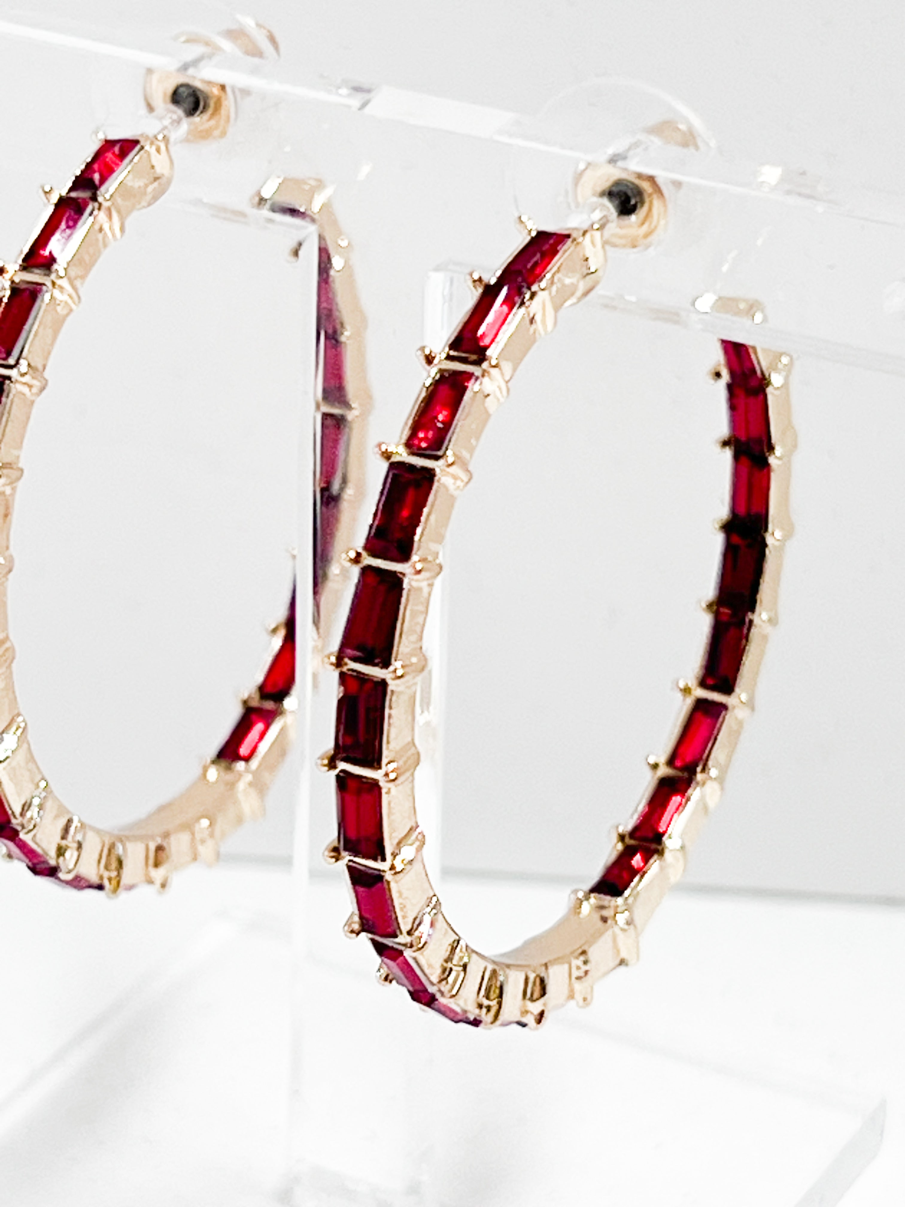 Blair - Baguette Rhinestone Hoop Earrings (Red)