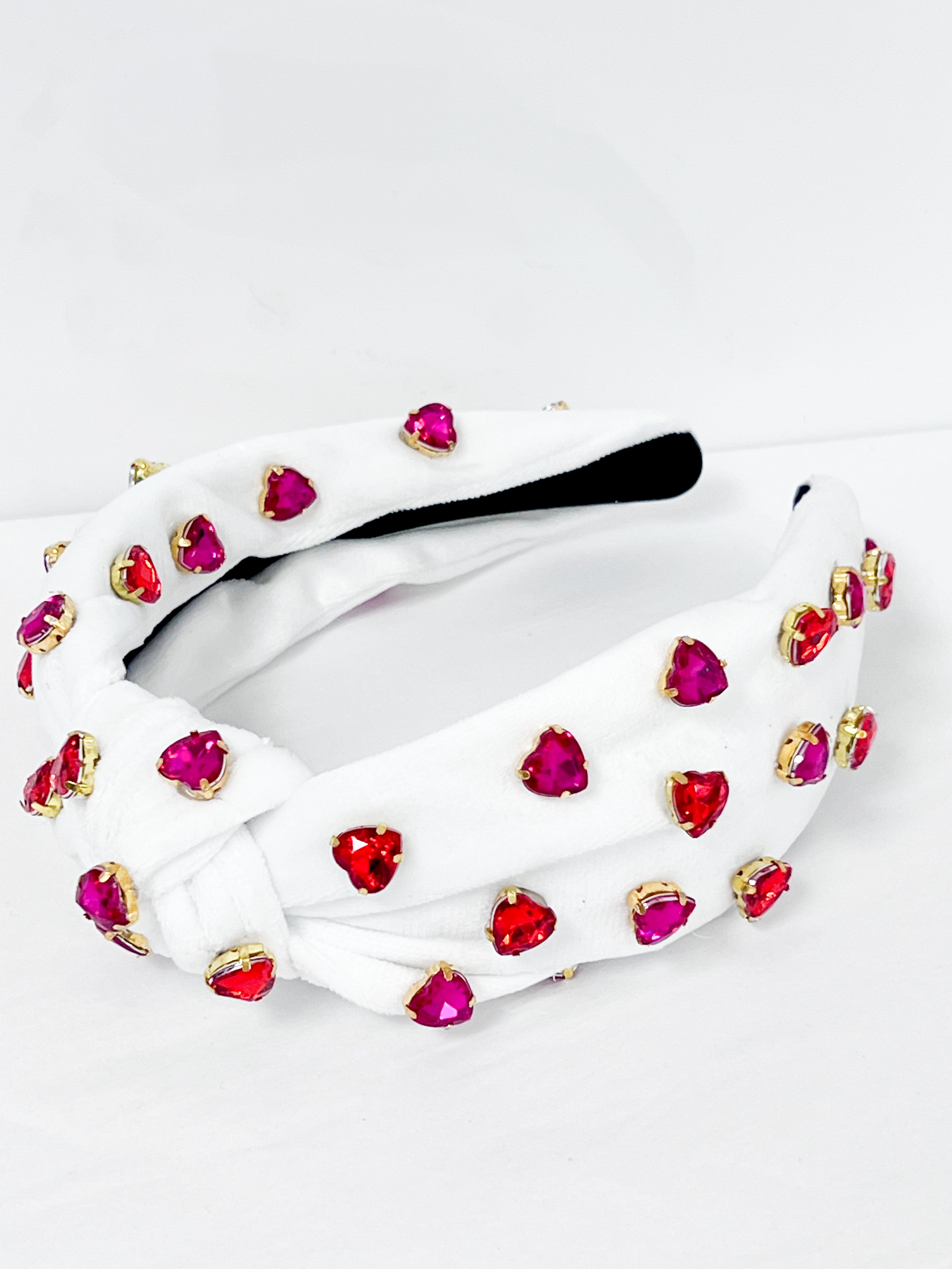 Valentina - White Velour Rhinestone Heart Headband