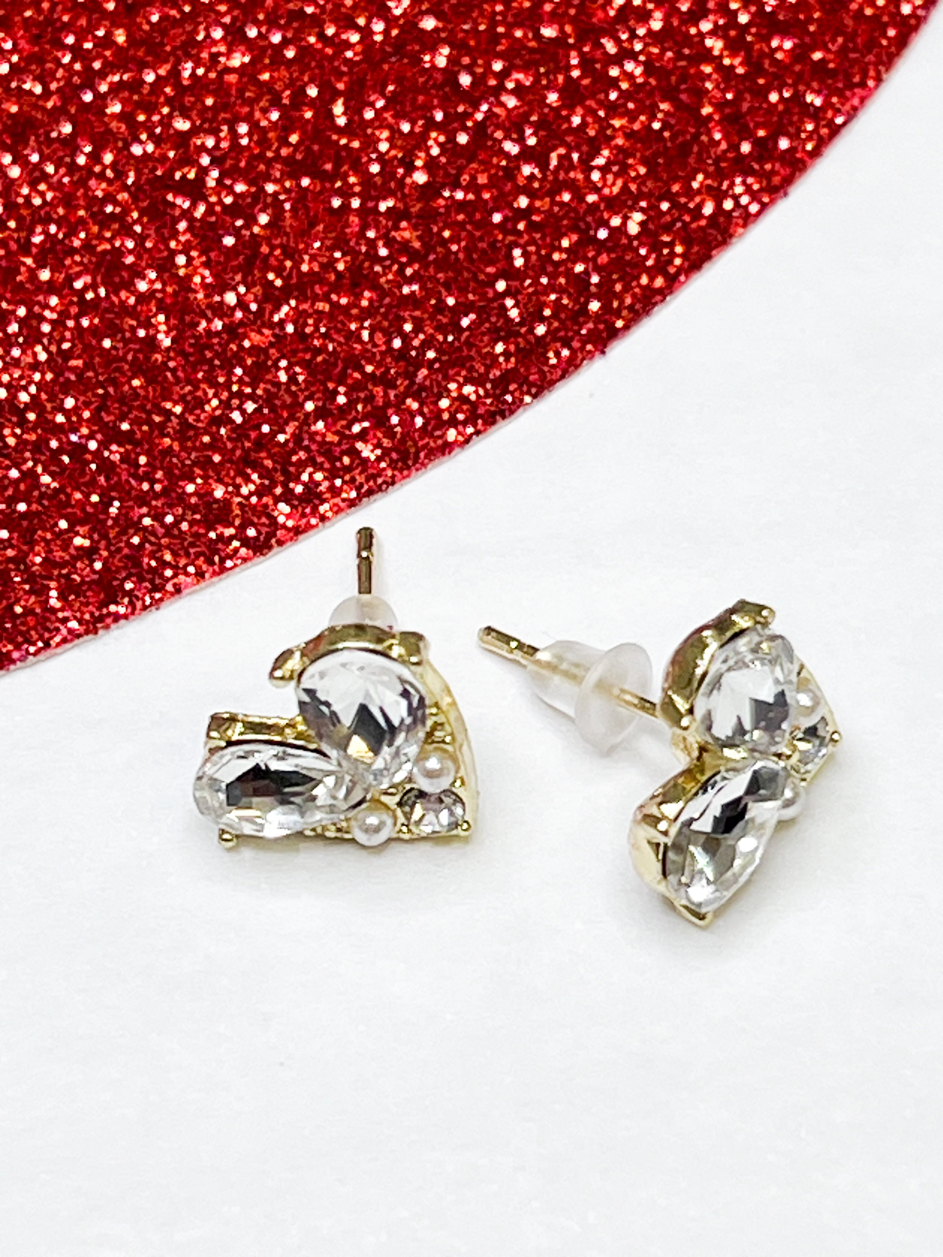 Hanna - Gold Rhinestone & Pearl Heart Earrings