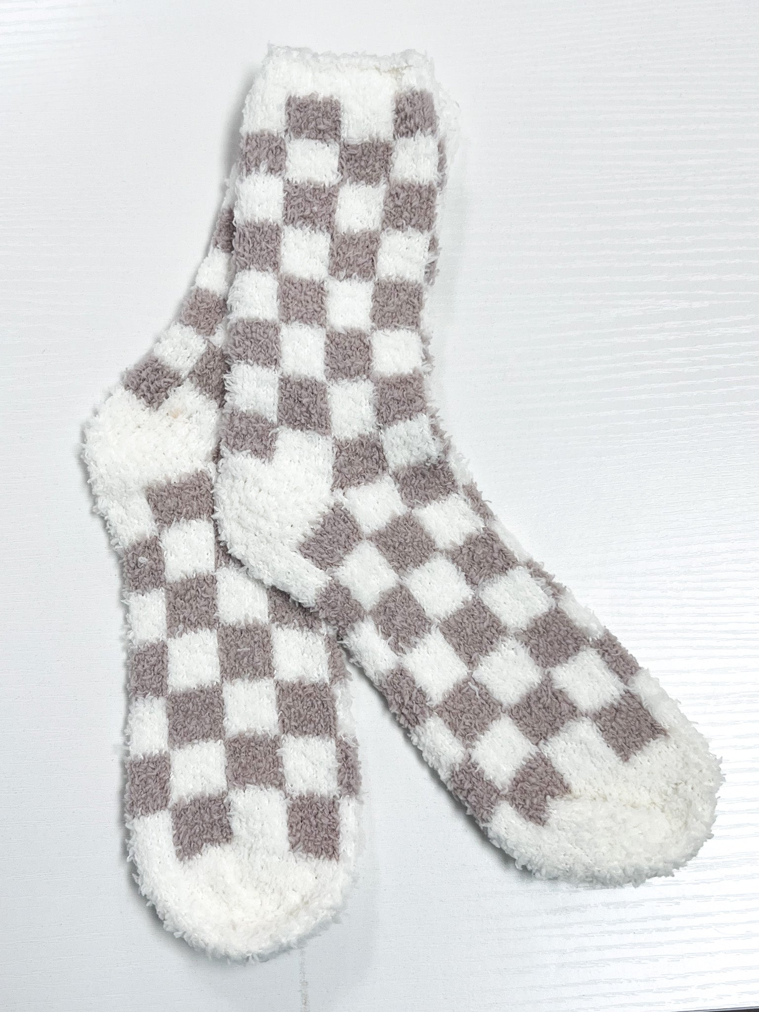 Checkered Fuzzy Socks - Beige