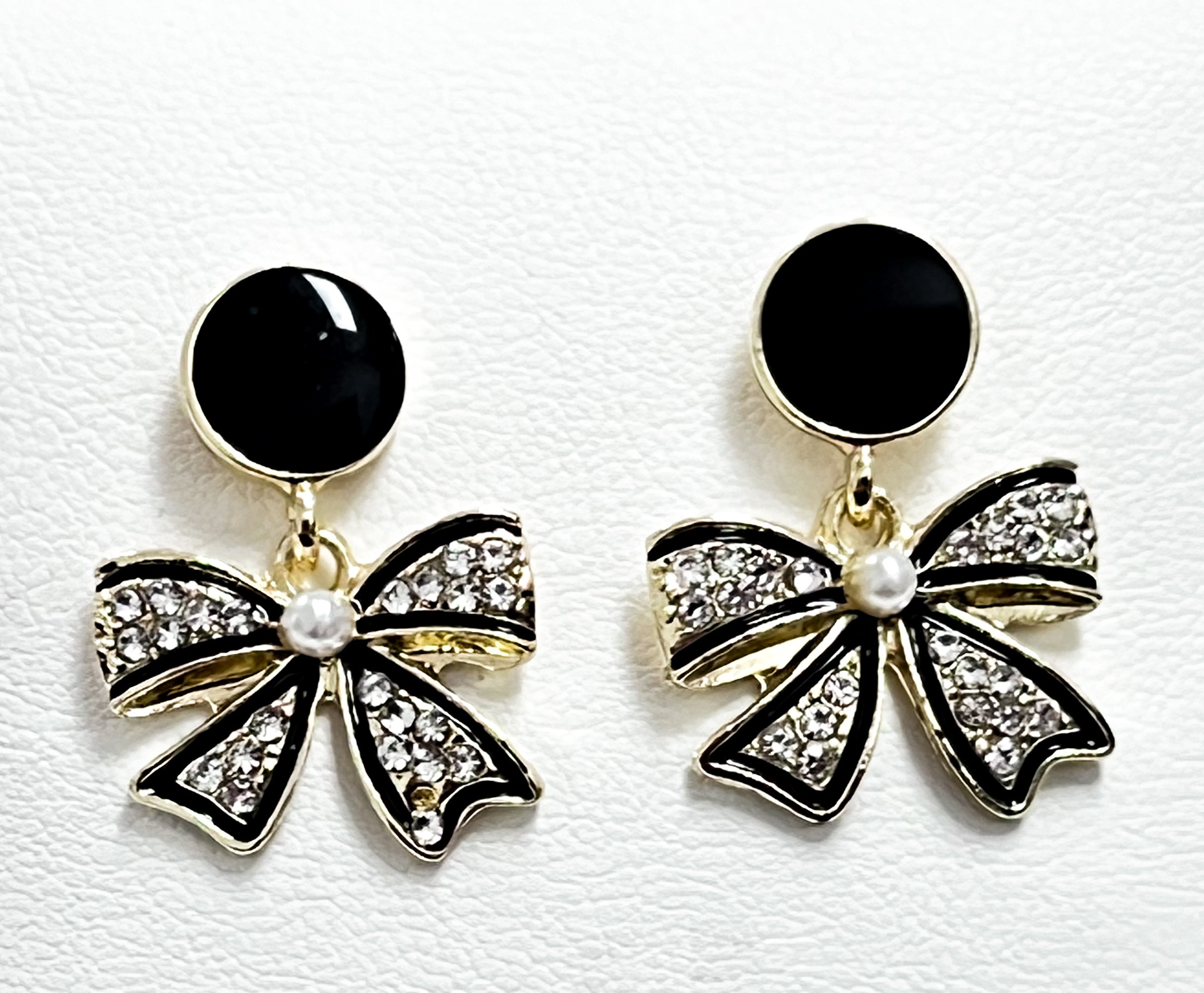 Izzy - Rhinestone Bow Earrings w/ Black Enamel (Gold)