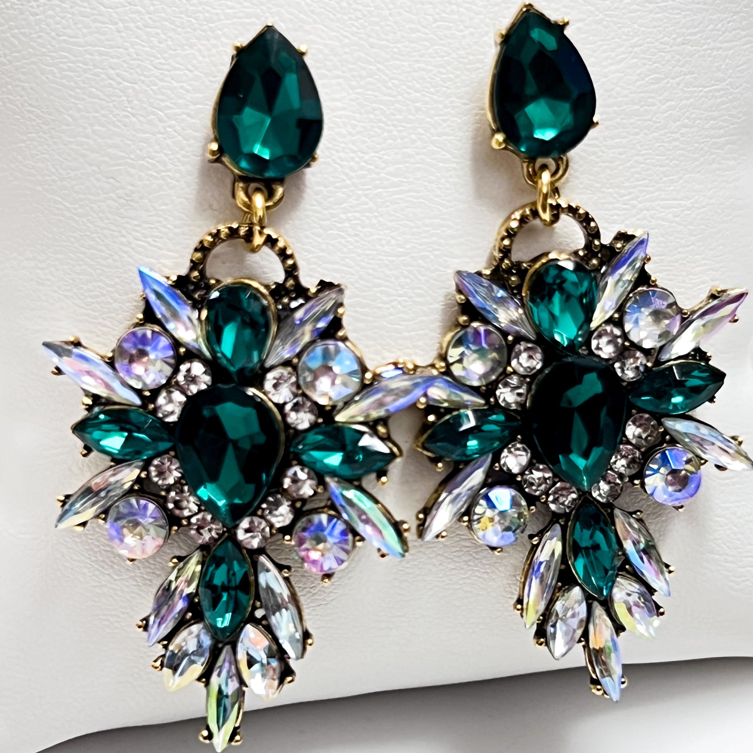 Jasmine - Rhinestone Statement Earrings (Emerald Green)