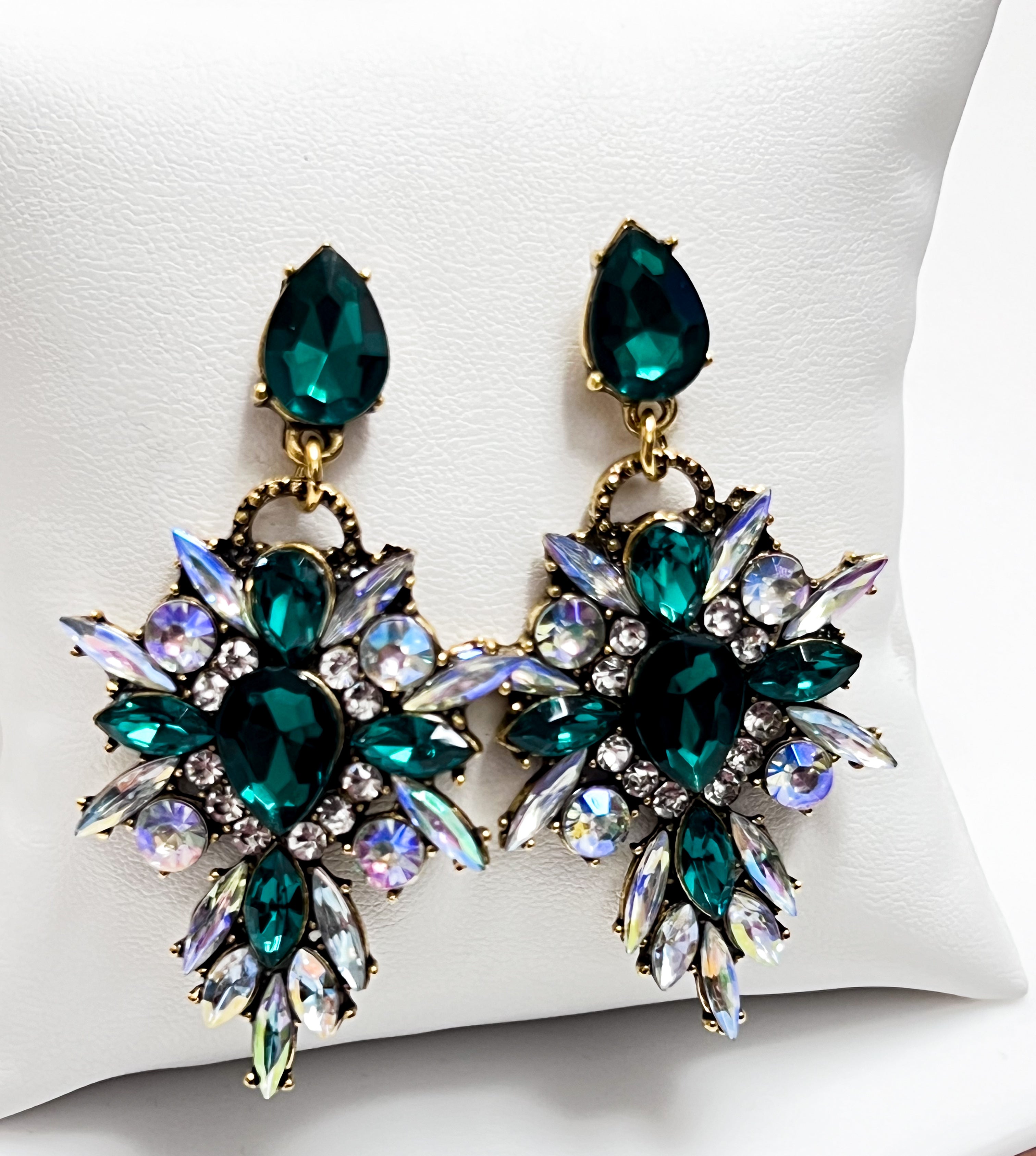 Jasmine - Rhinestone Statement Earrings (Emerald Green)