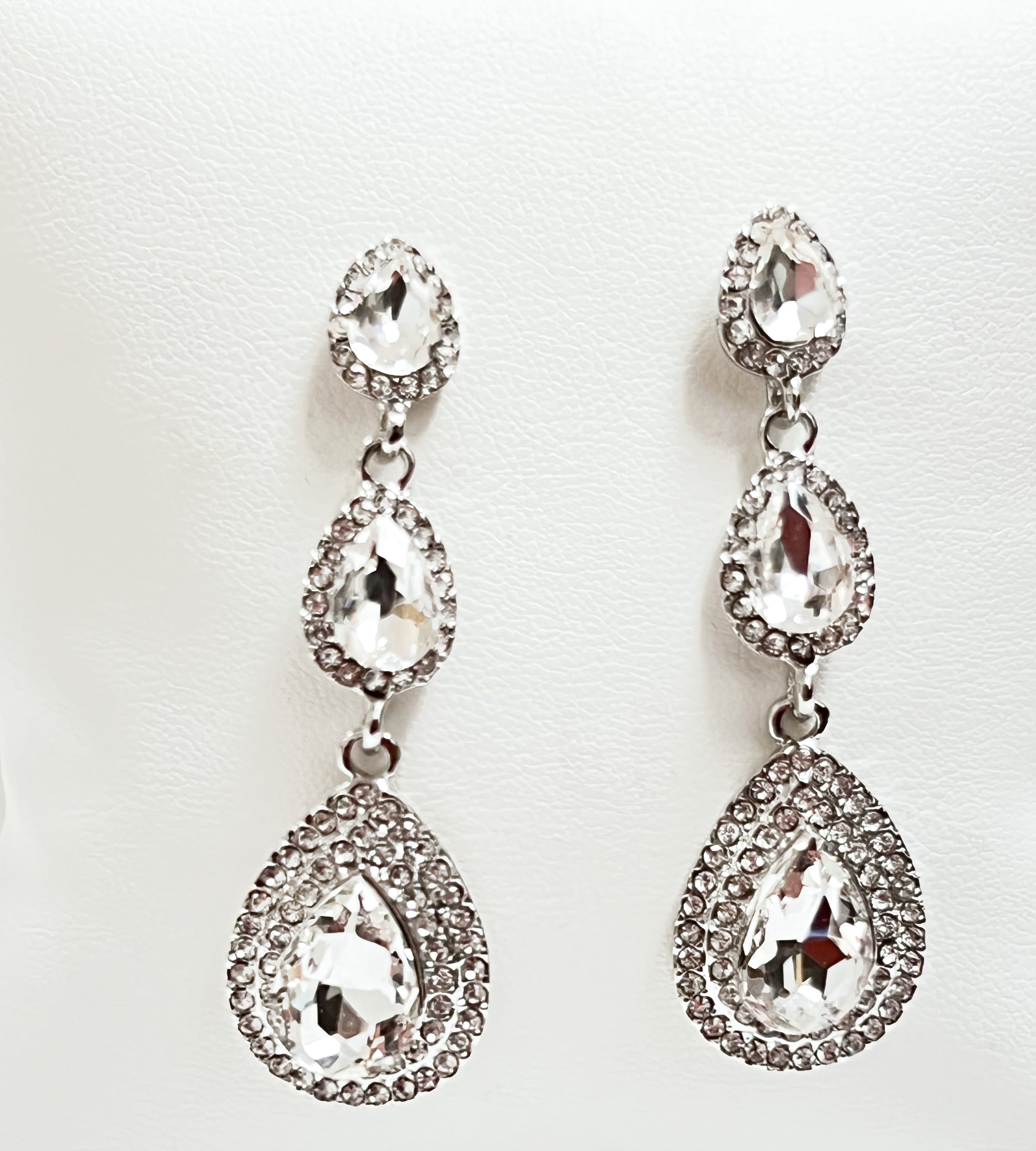 Ava - Tiered Teardrop Rhinestone Statement Earrings (Clear)