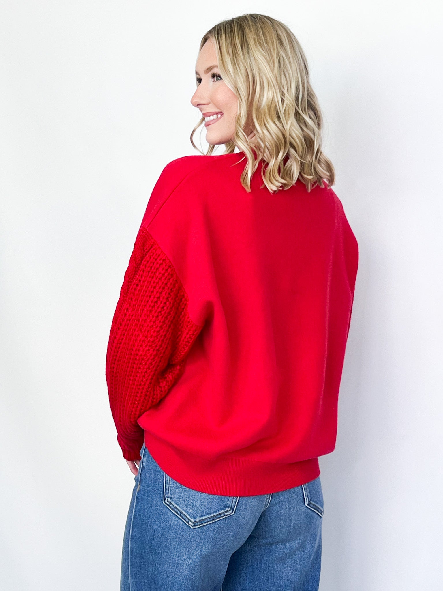 Lucy - Red Cable Knit Sleeve Sweater