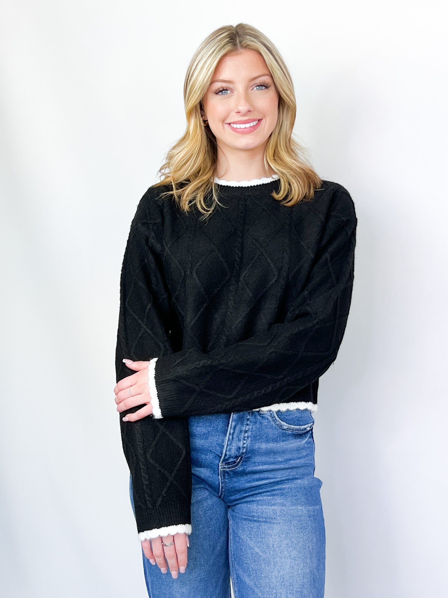 Kacey - Black Cable Knit Sweater w/ White Scalloped Trim