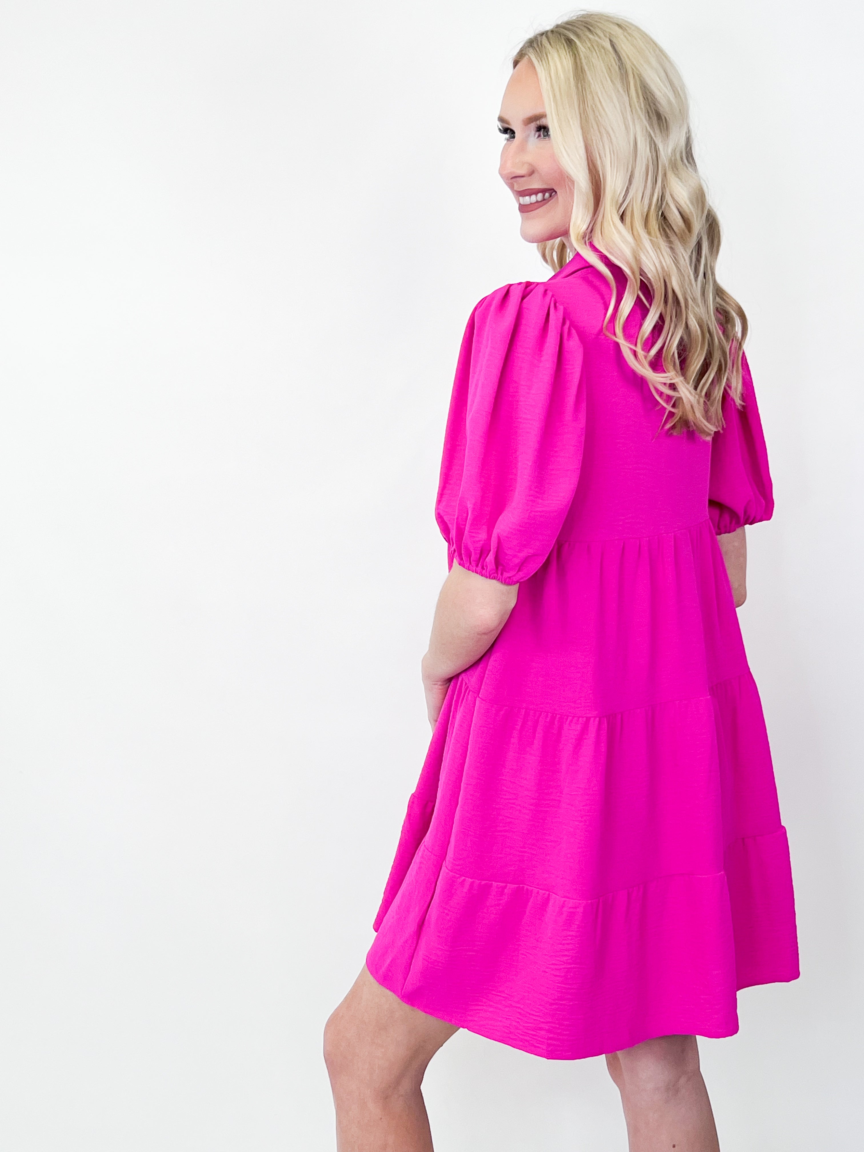 Stella - Puff Sleeve Tiered Shirt Dress (Fuchsia)