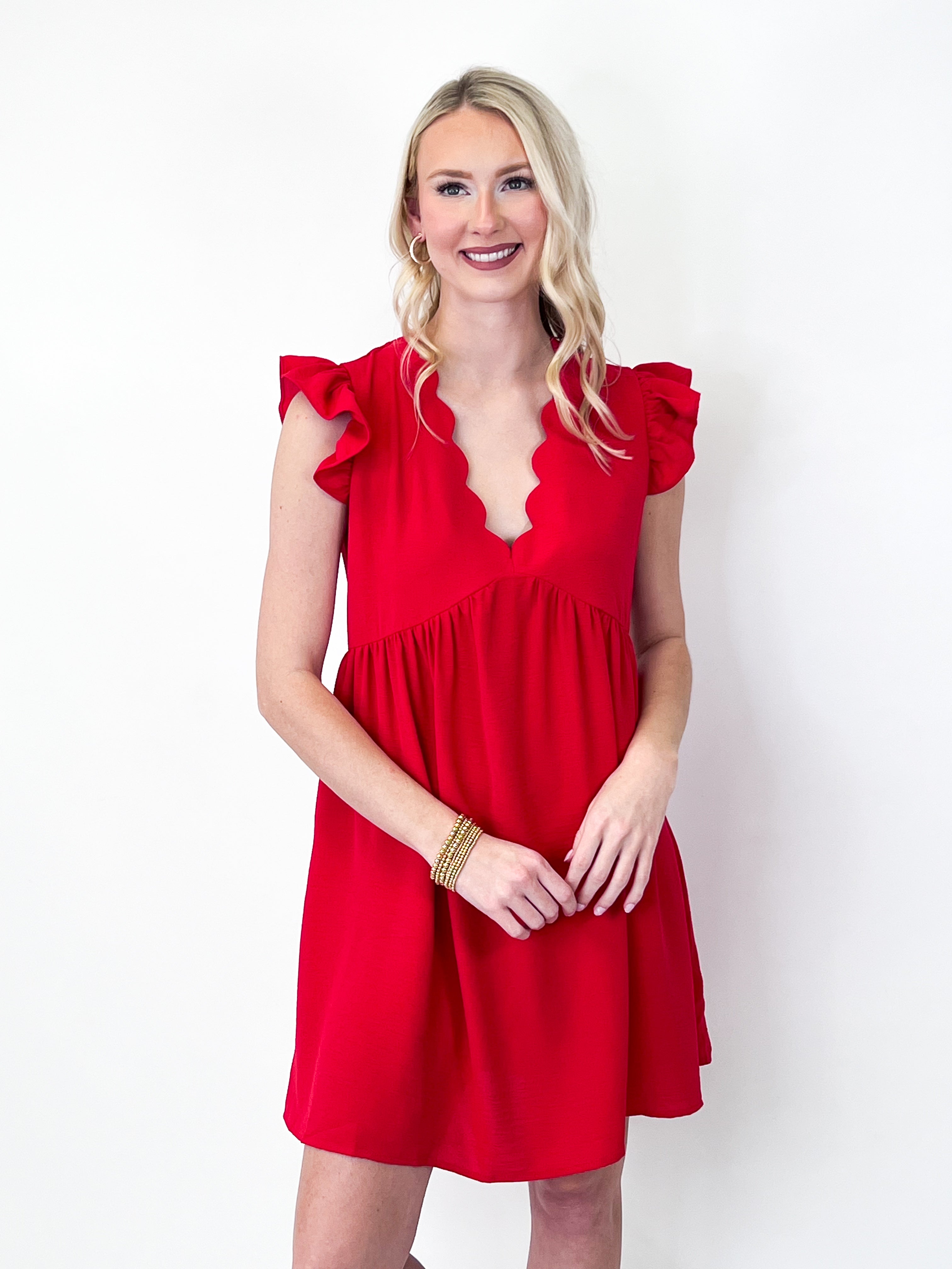 Peyton - Ruffle Sleeve Scalloped Neckline Dress w/ Pockets (Red)