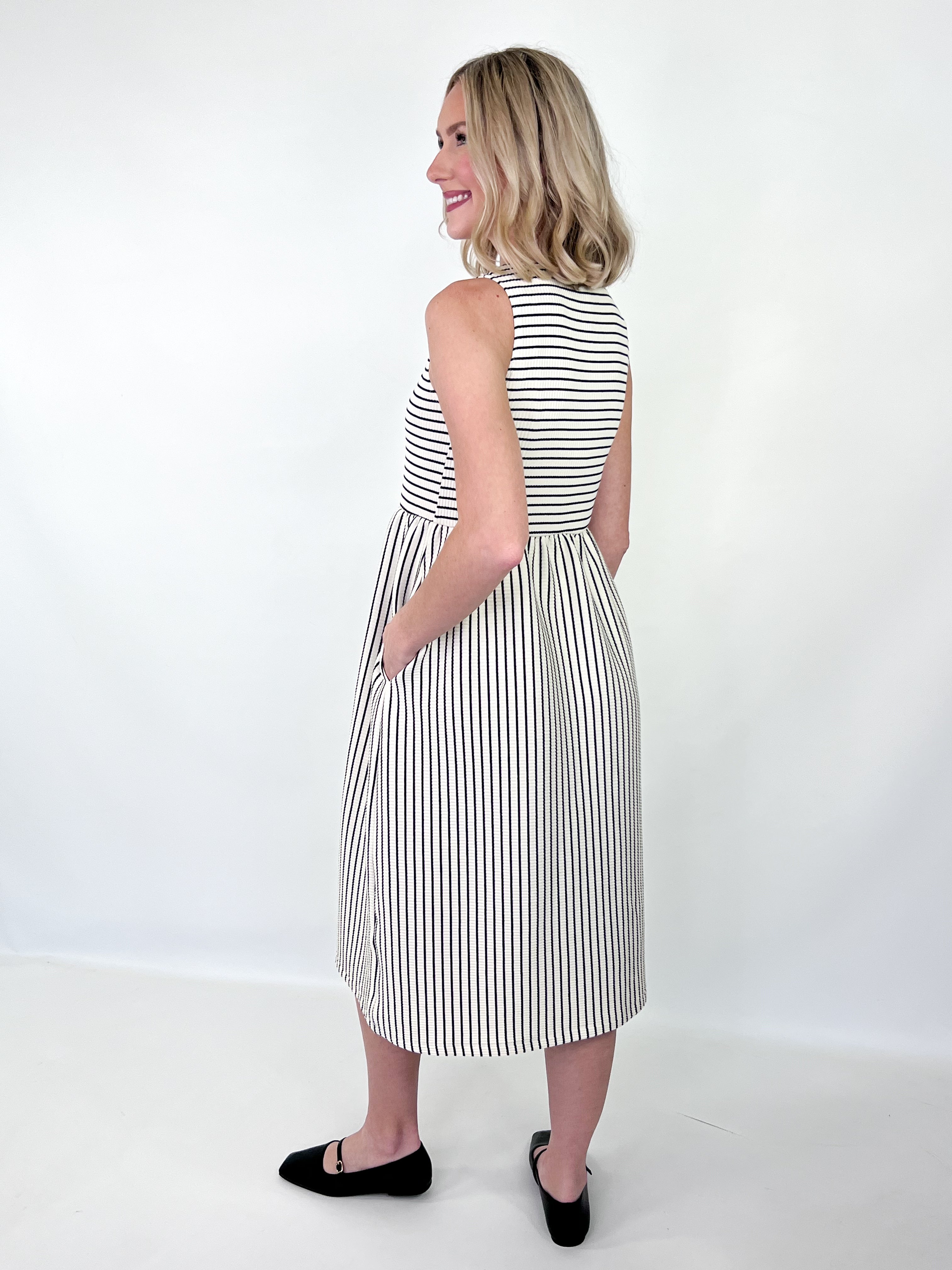 Laura - Black + Cream Striped Midi Dress