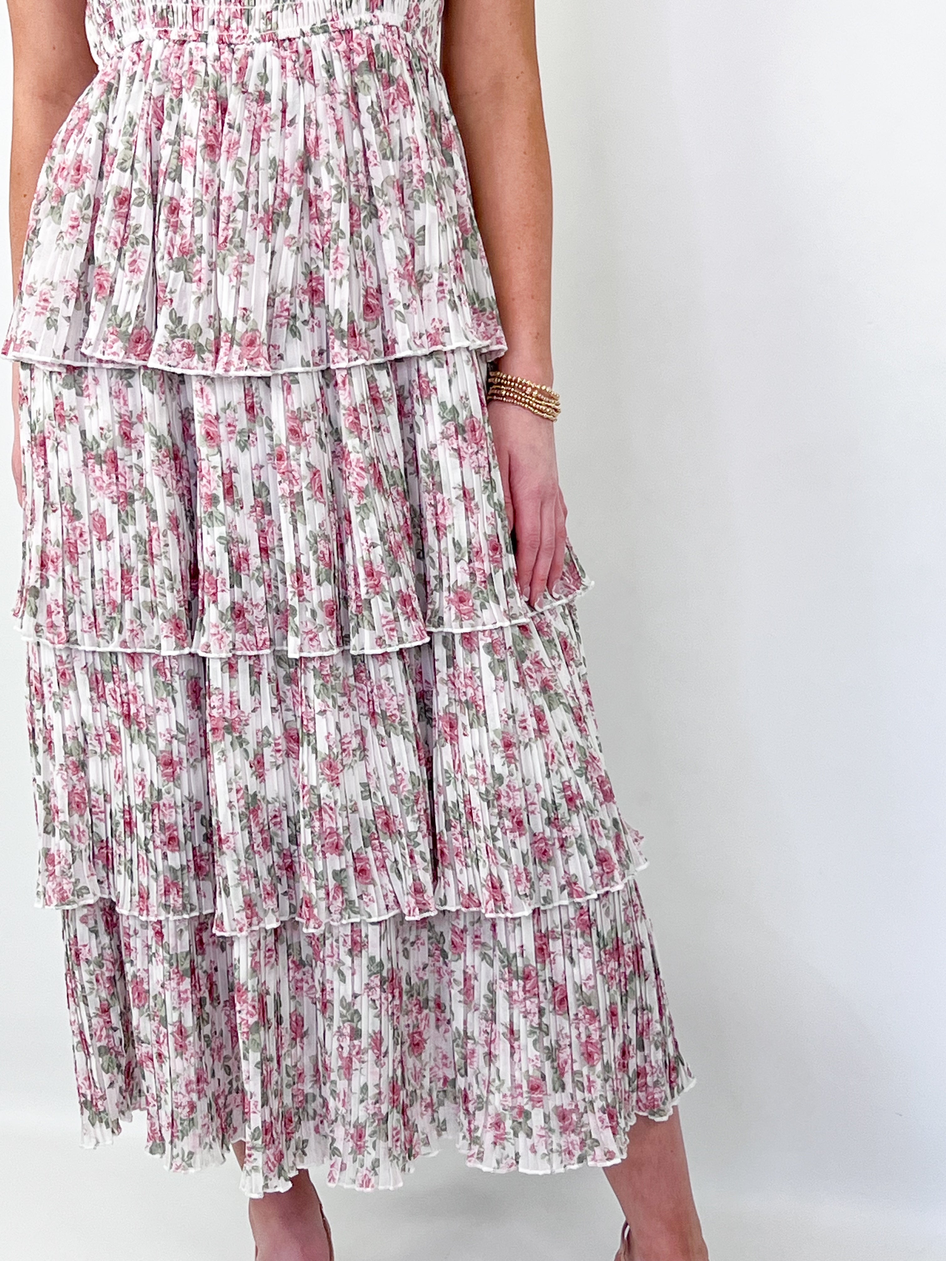 Jaelyn - Pink Floral Tiered Midi Dress