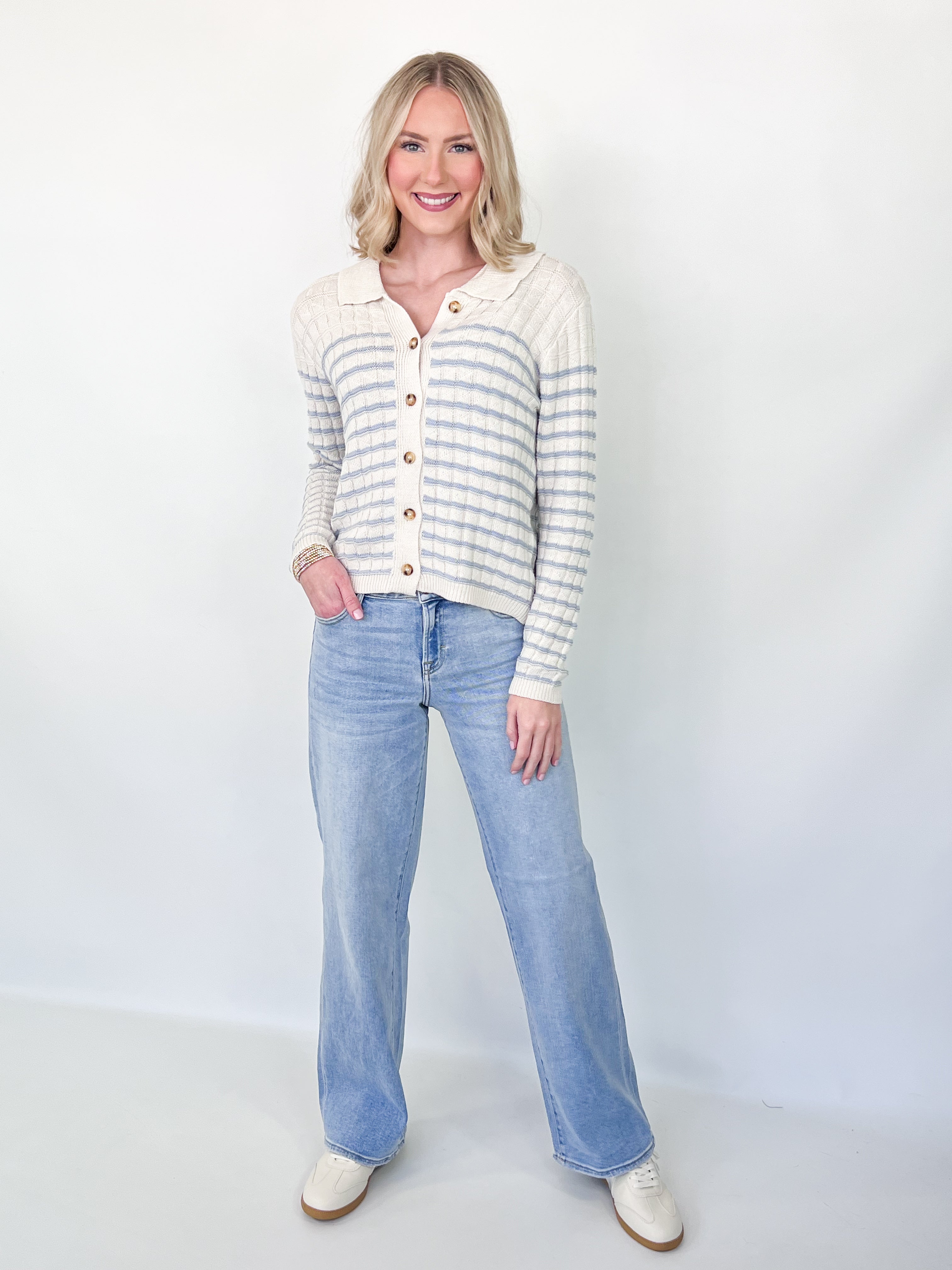 Stevie - Blue Striped Collared Knit Cardigan