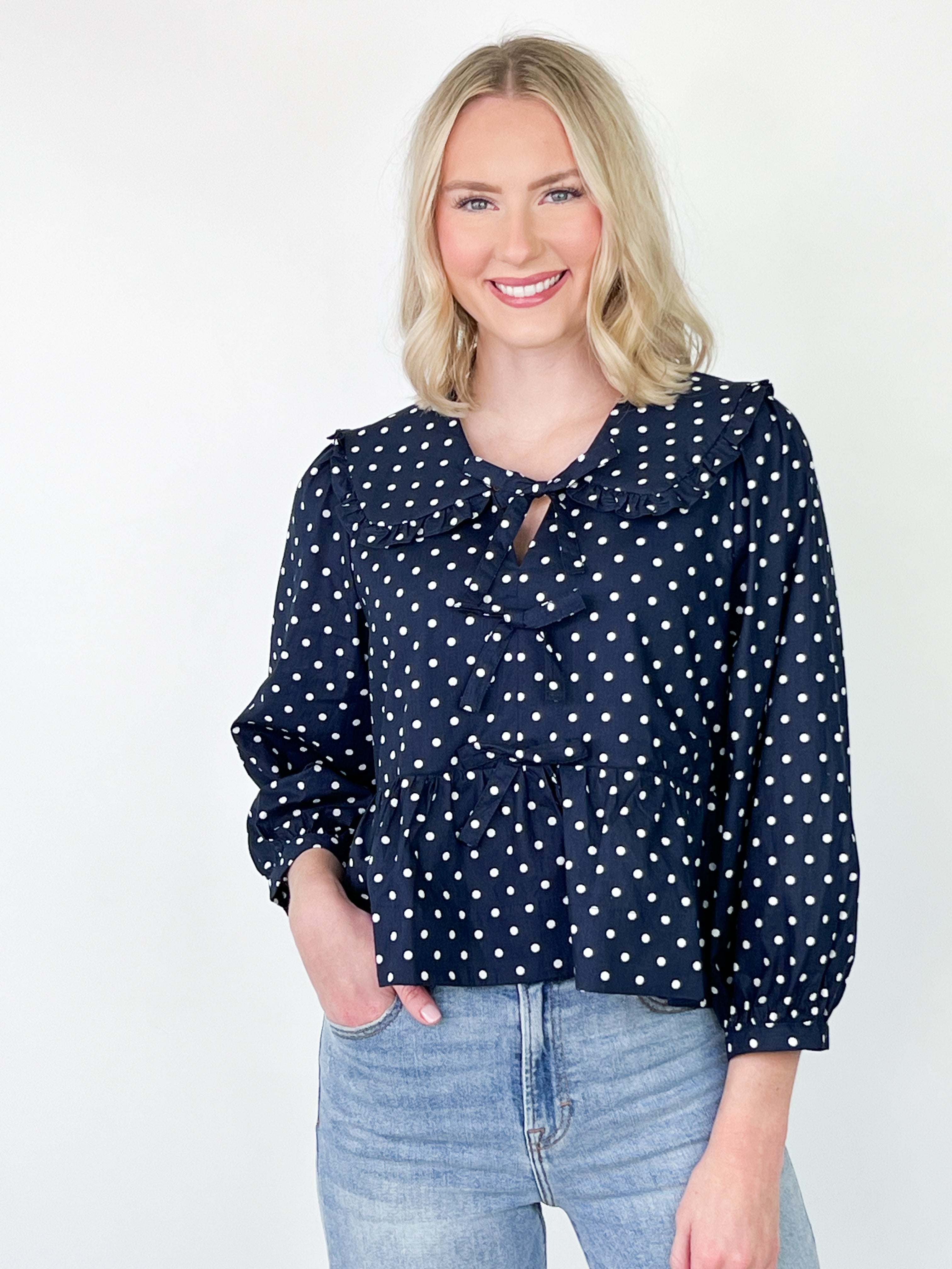 Haven - Navy Polka Dot Collared Bow Top