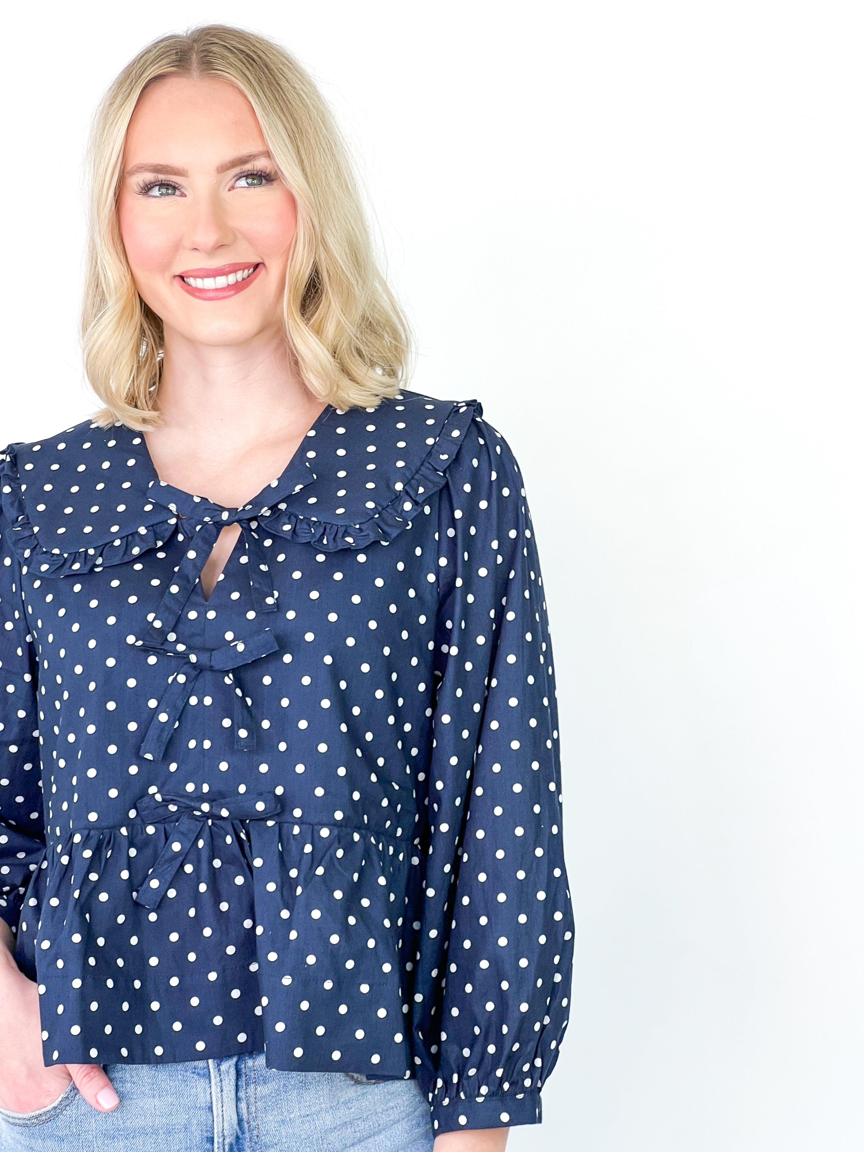 Haven - Navy Polka Dot Collared Bow Top