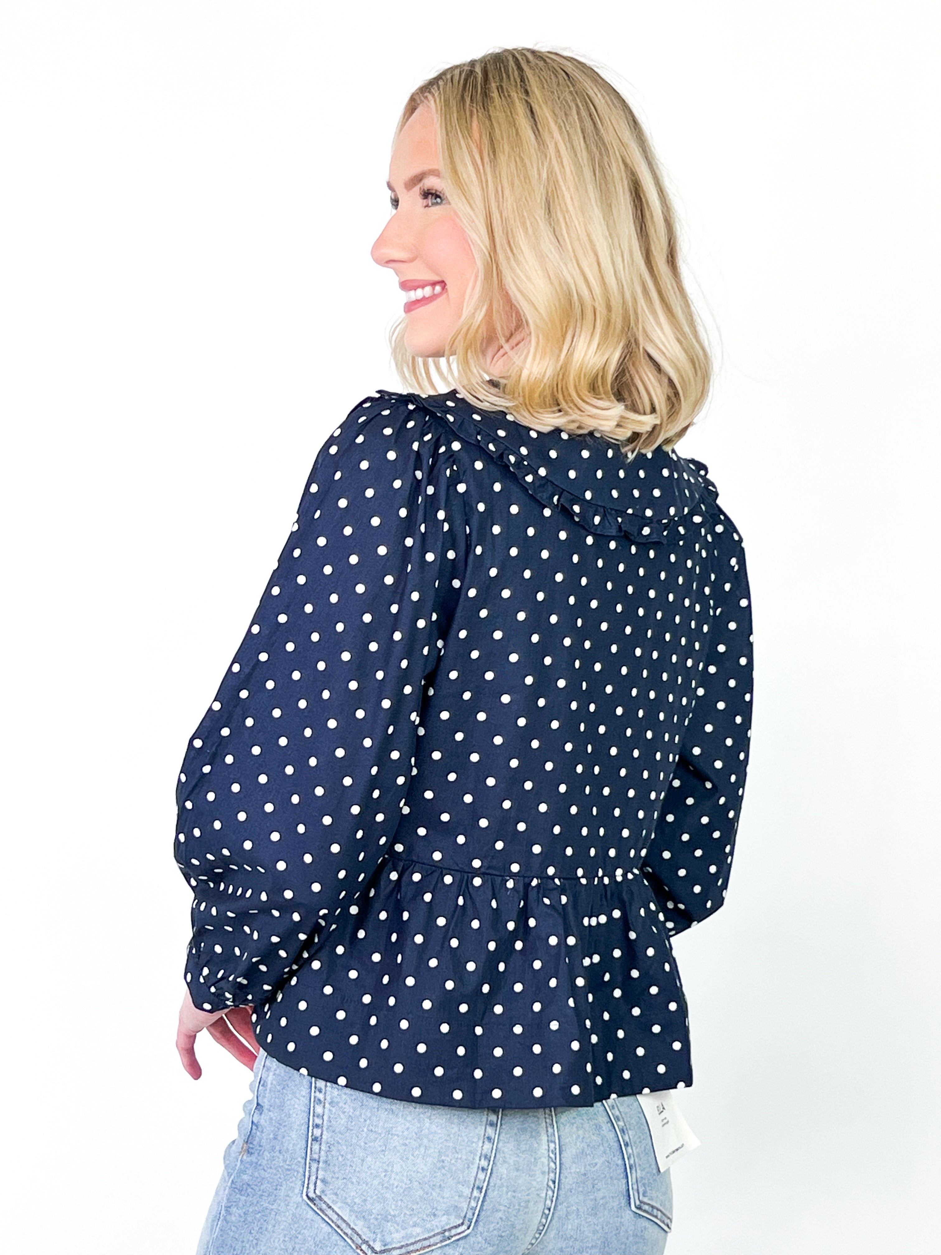 Haven - Navy Polka Dot Collared Bow Top