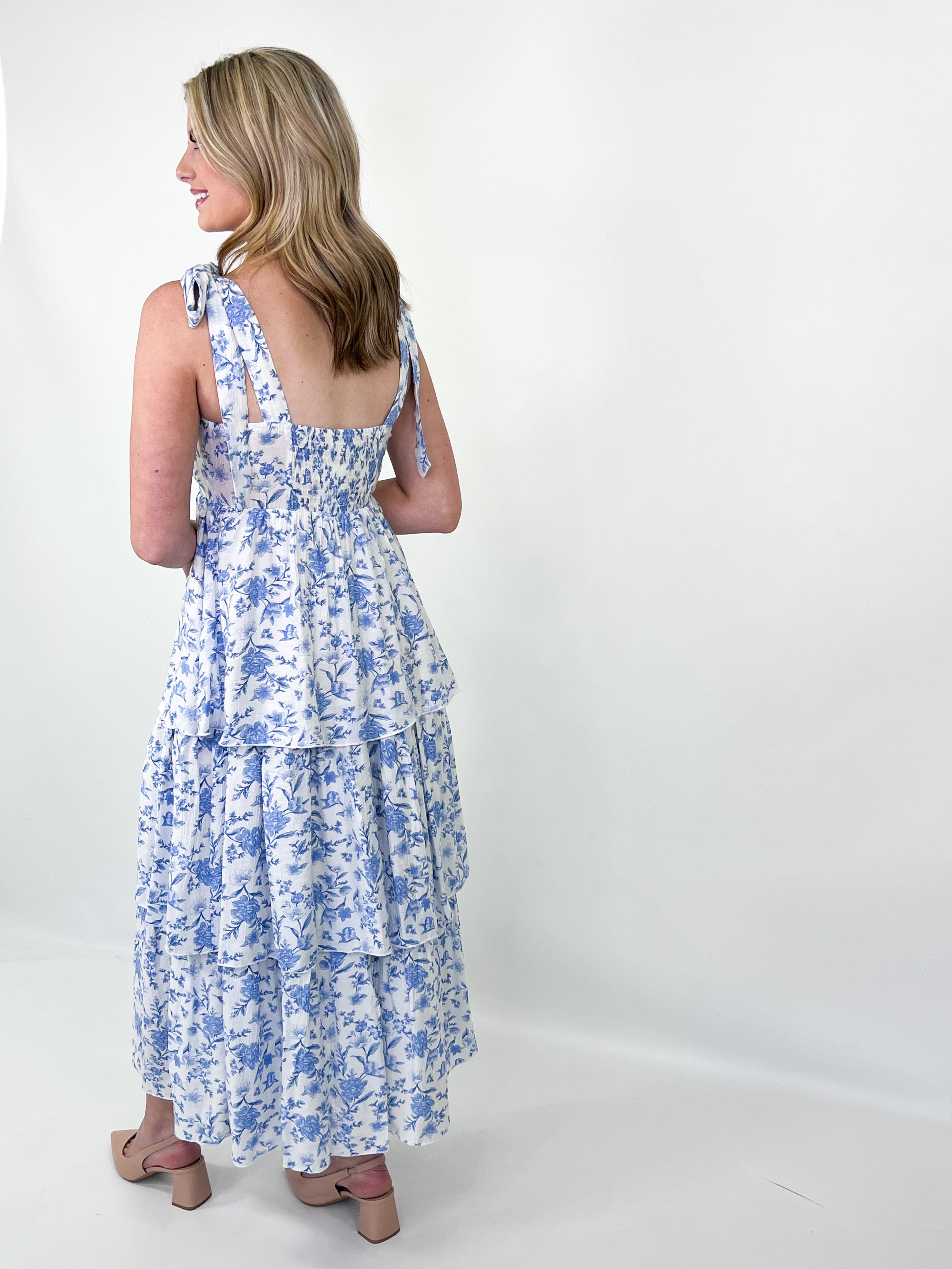 Waverly - Blue Floral Tie Strap Midi Dress