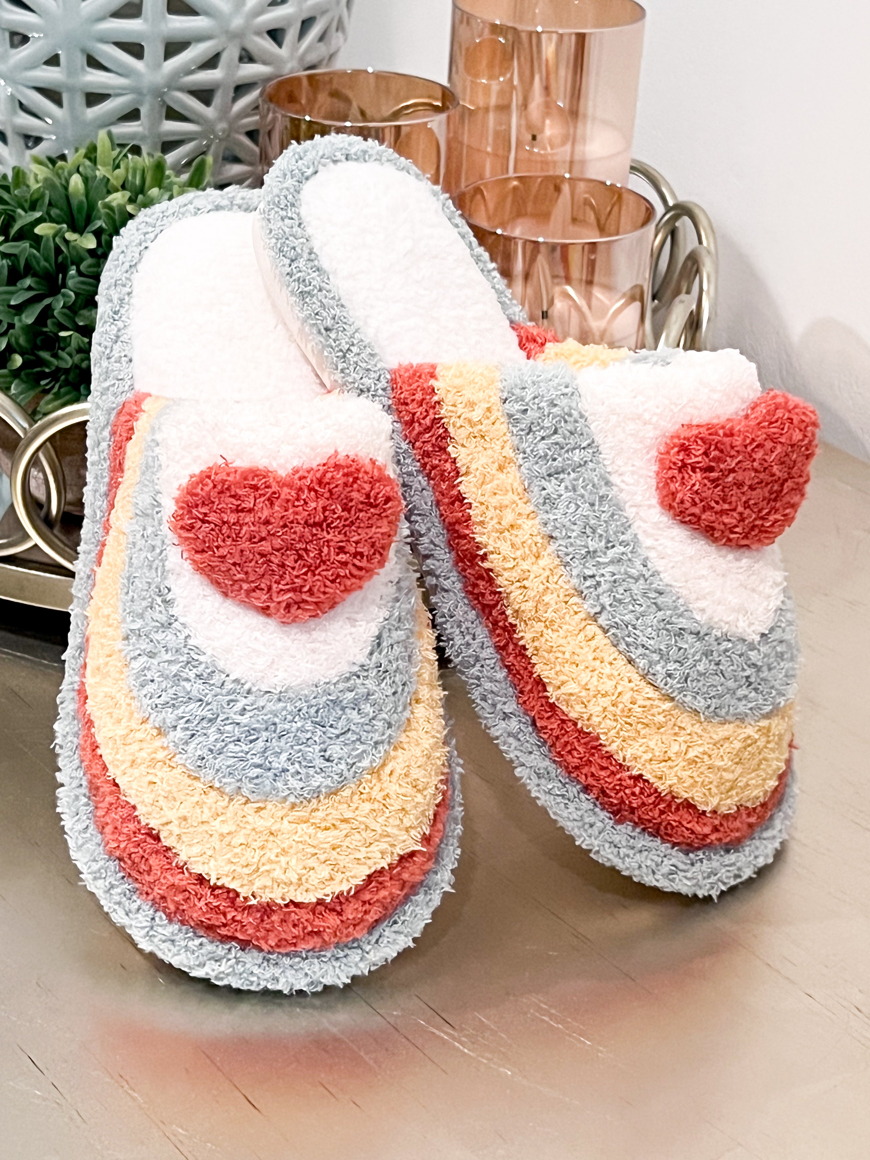 Rainbow Heart Fuzzy Slippers Mollie s Boutique