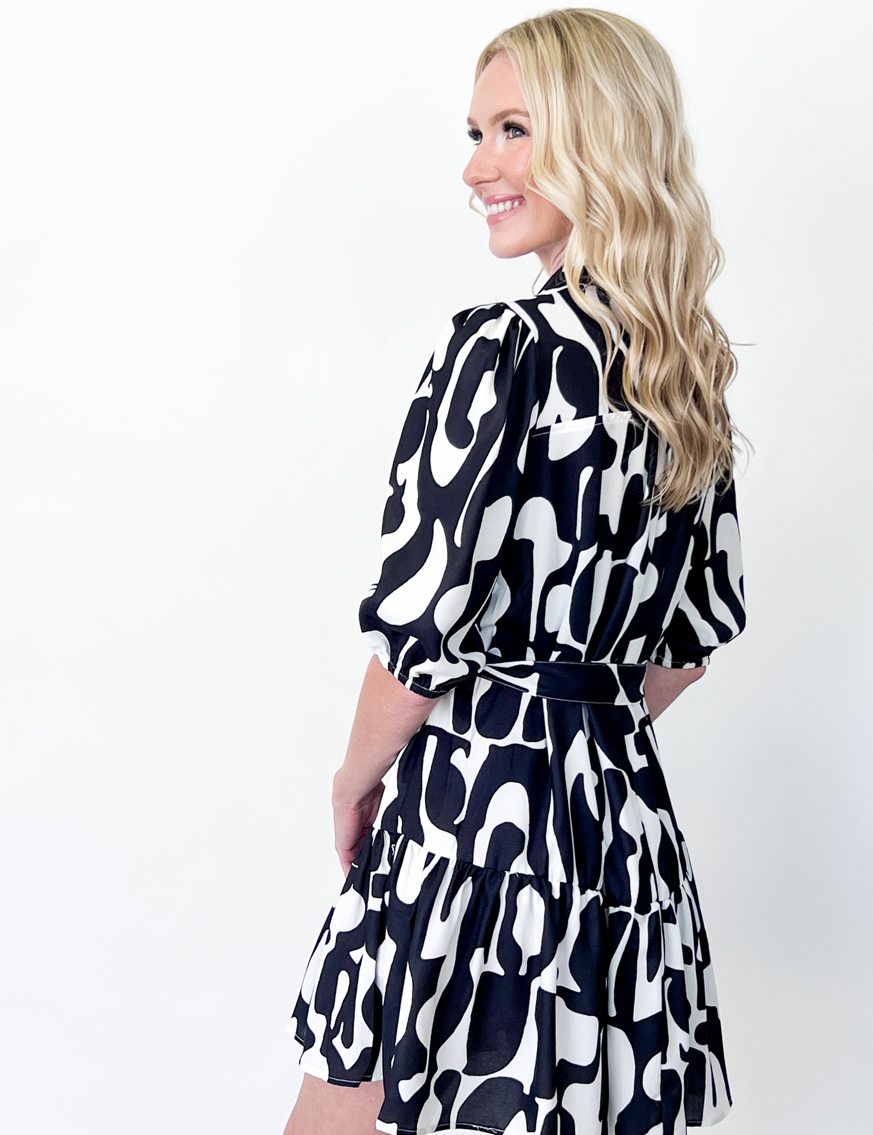 Hailey - Abstract Collared Waist Tie Dress