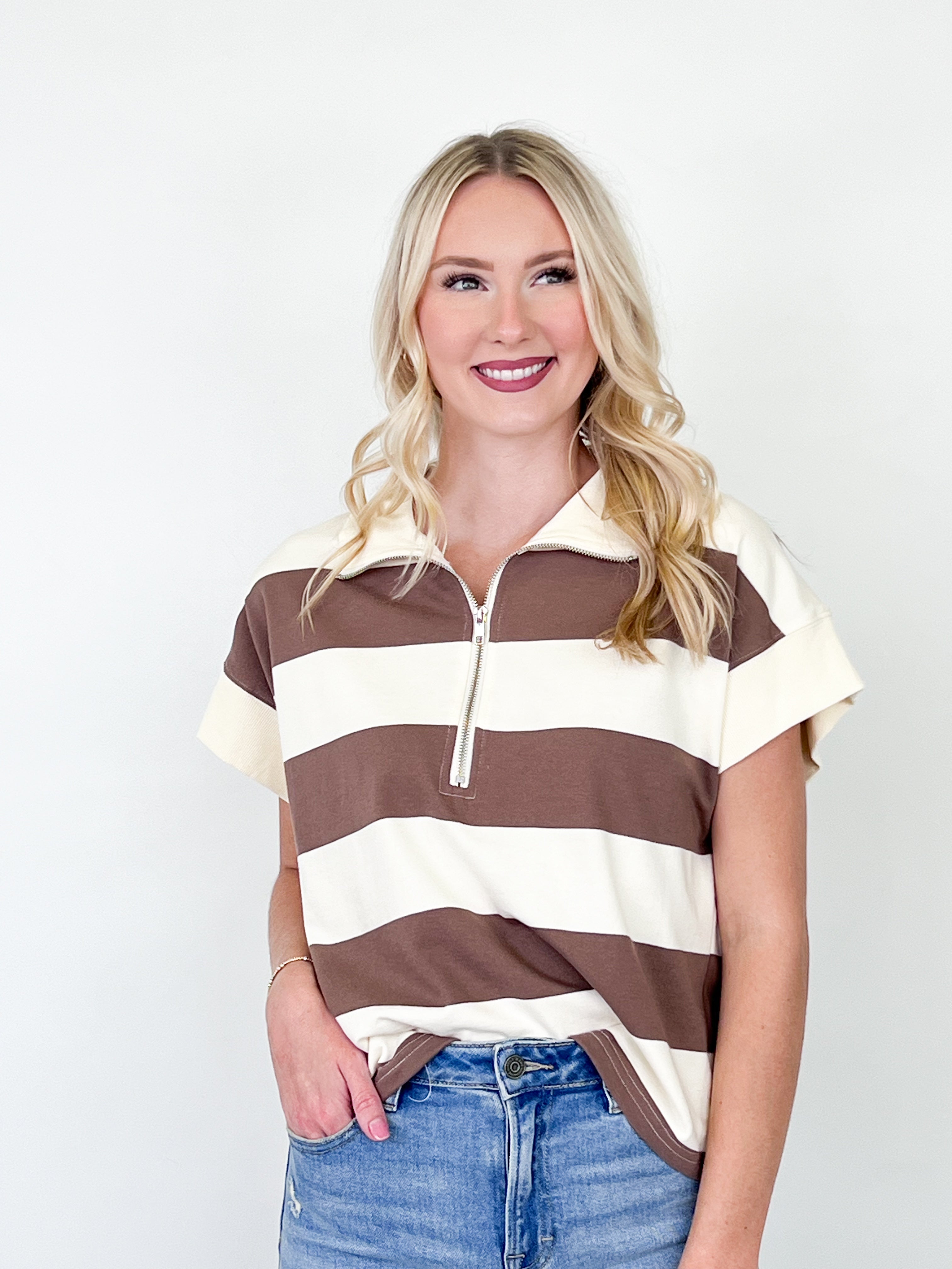 Monica - Short Sleeve Half Zip Mock Neck Striped Top