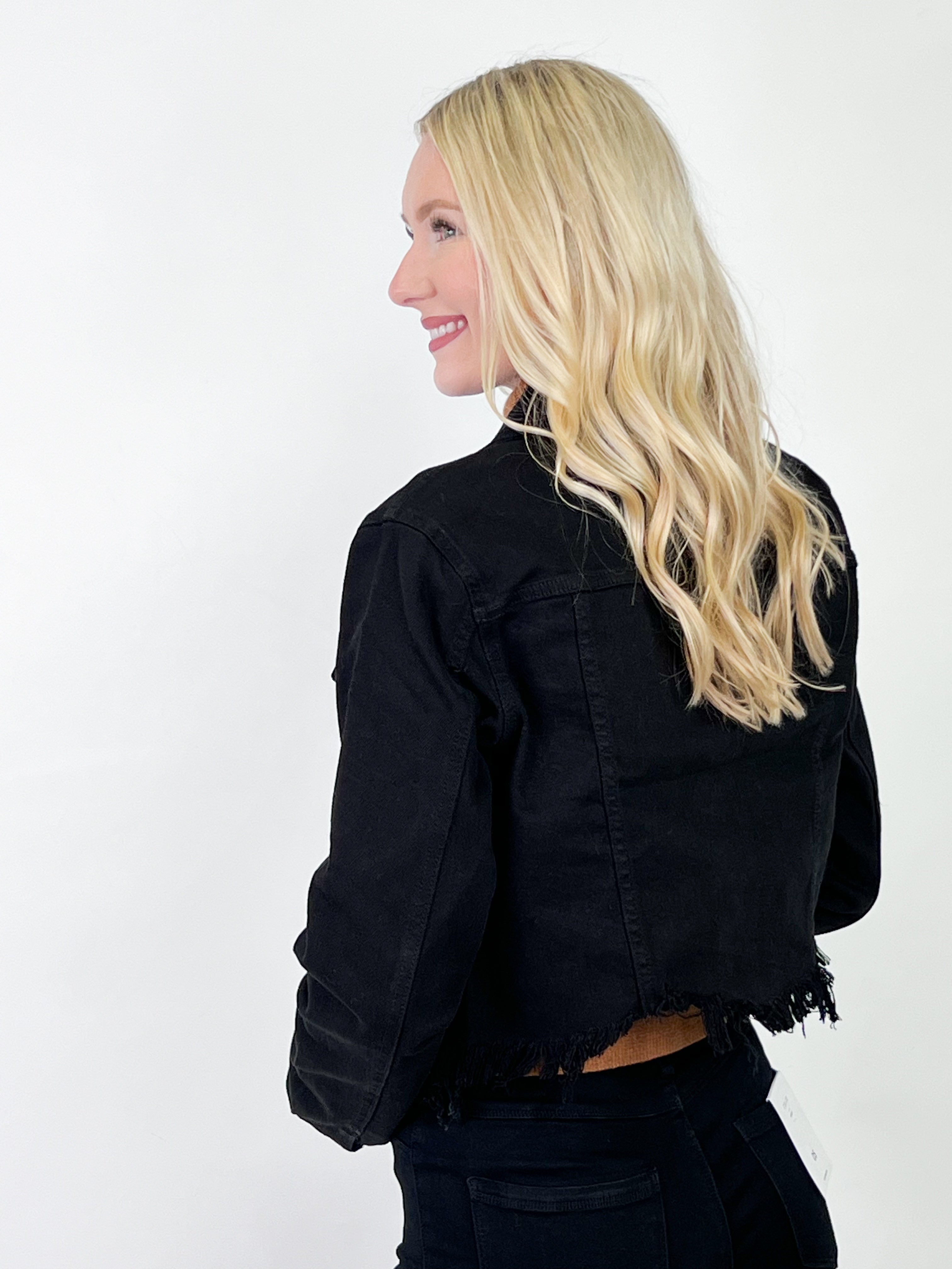 Caroline - Frayed Black Denim Jacket