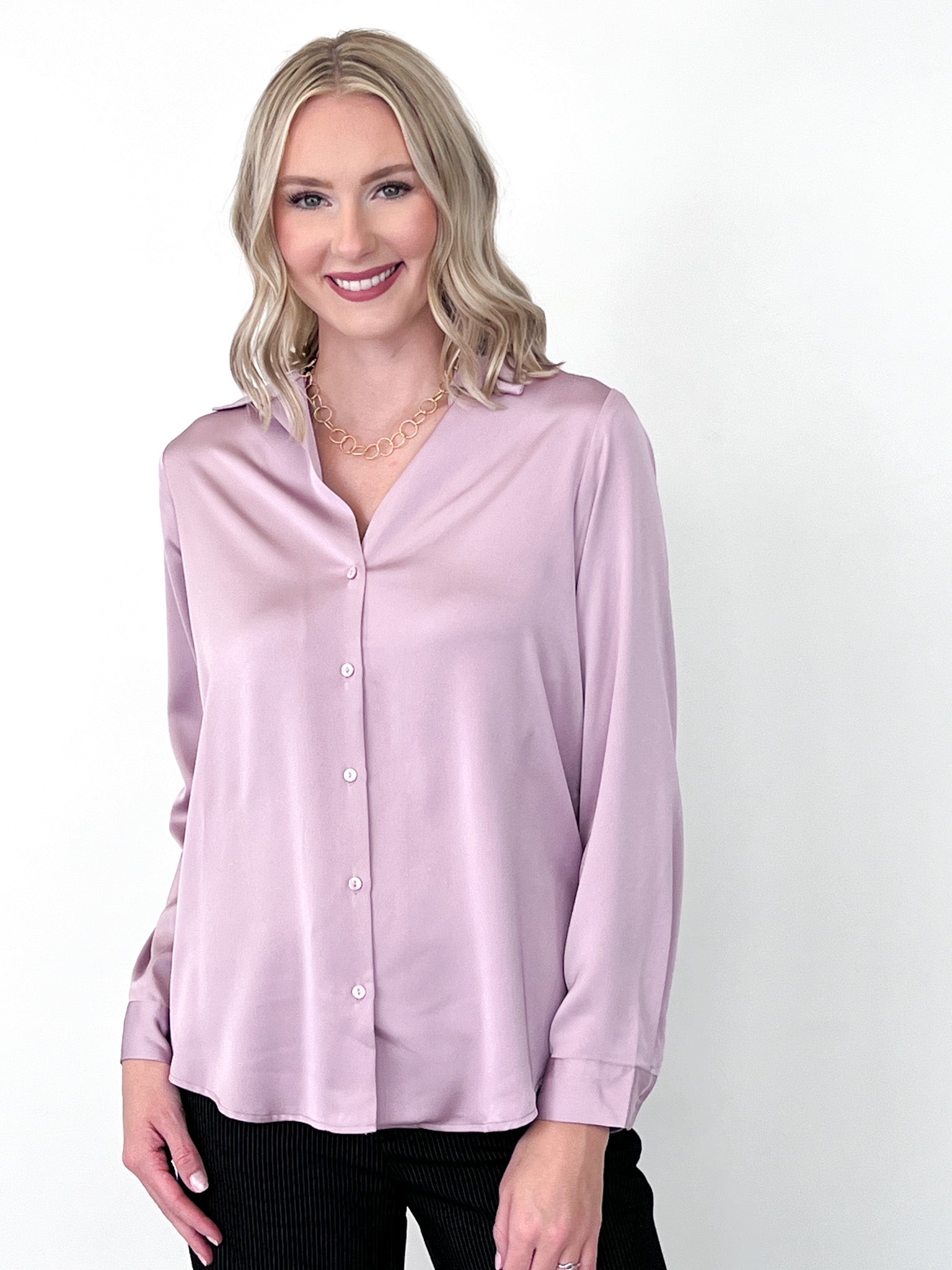 Sierra - Silk V Neck Button Down Blouse (Lilac)