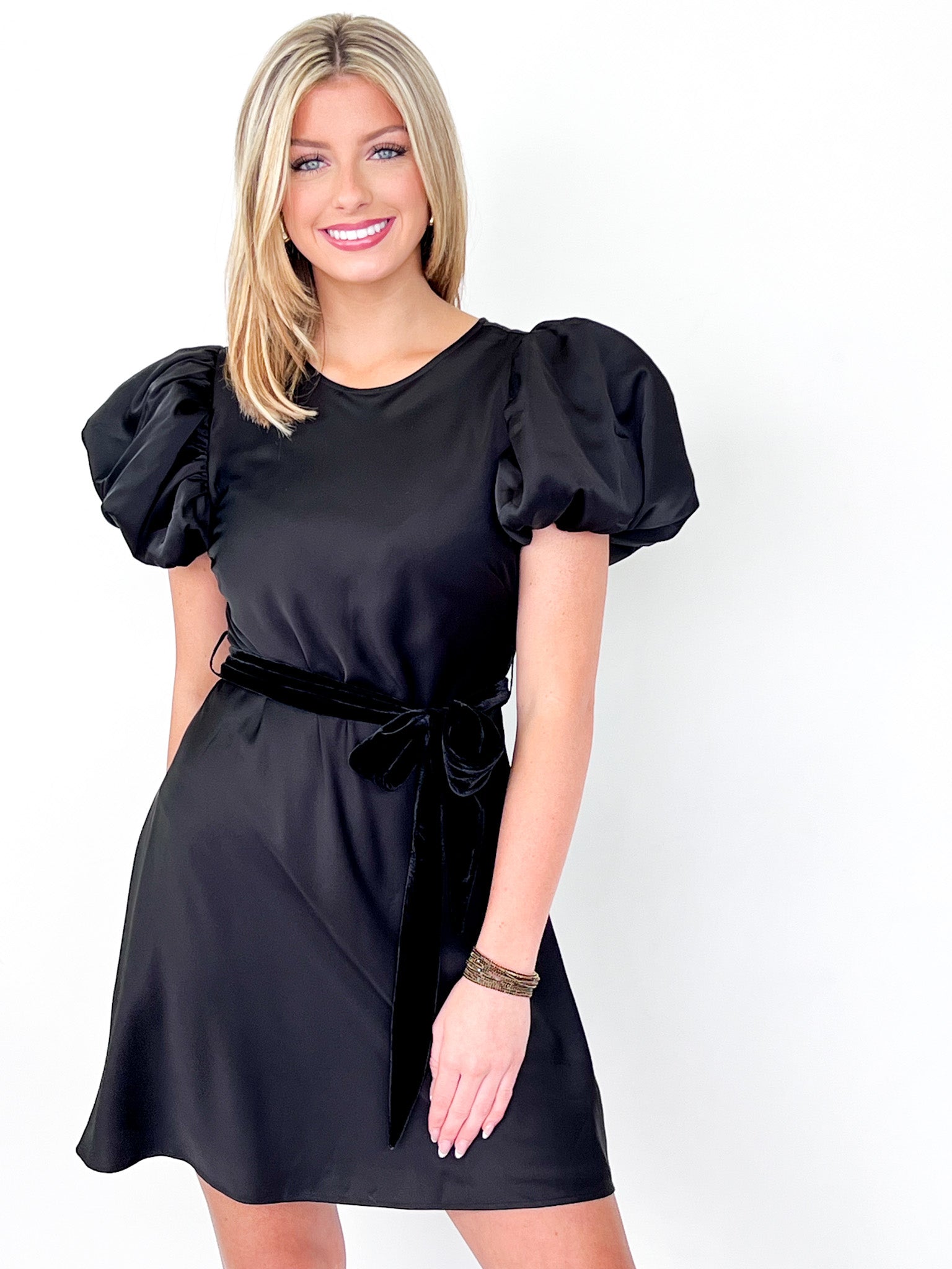 Hailey - Black Satin Puff Sleeve Dress