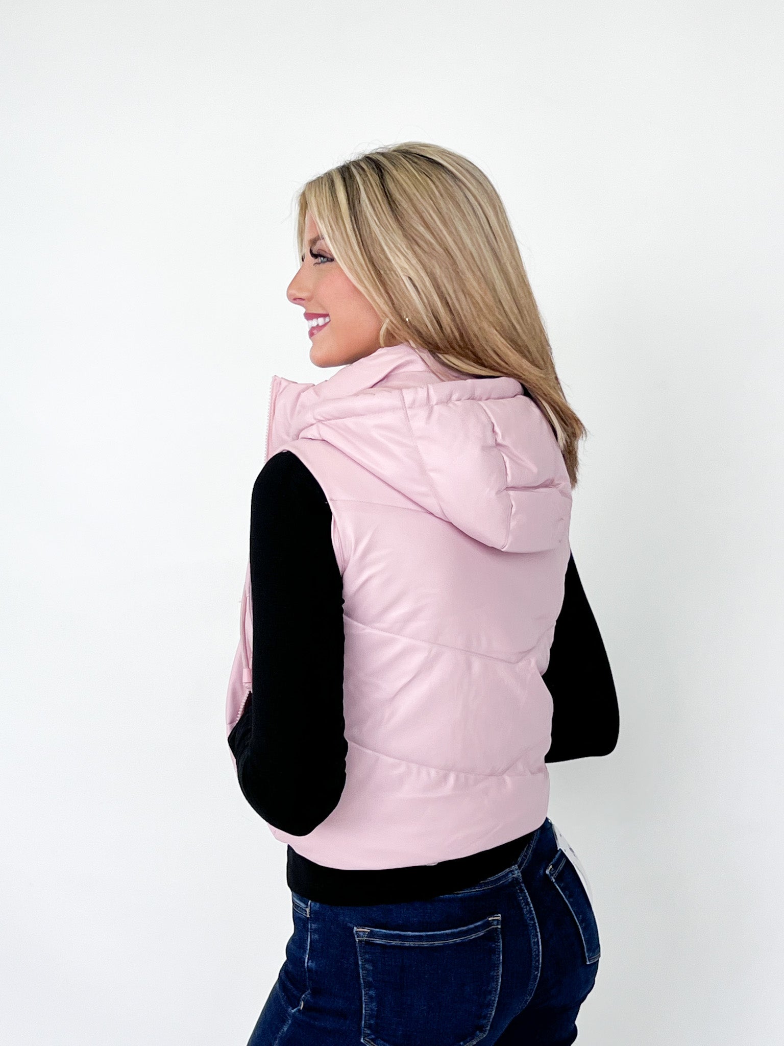 Shirley - Pink Faux Leather Hooded Puffer Vest