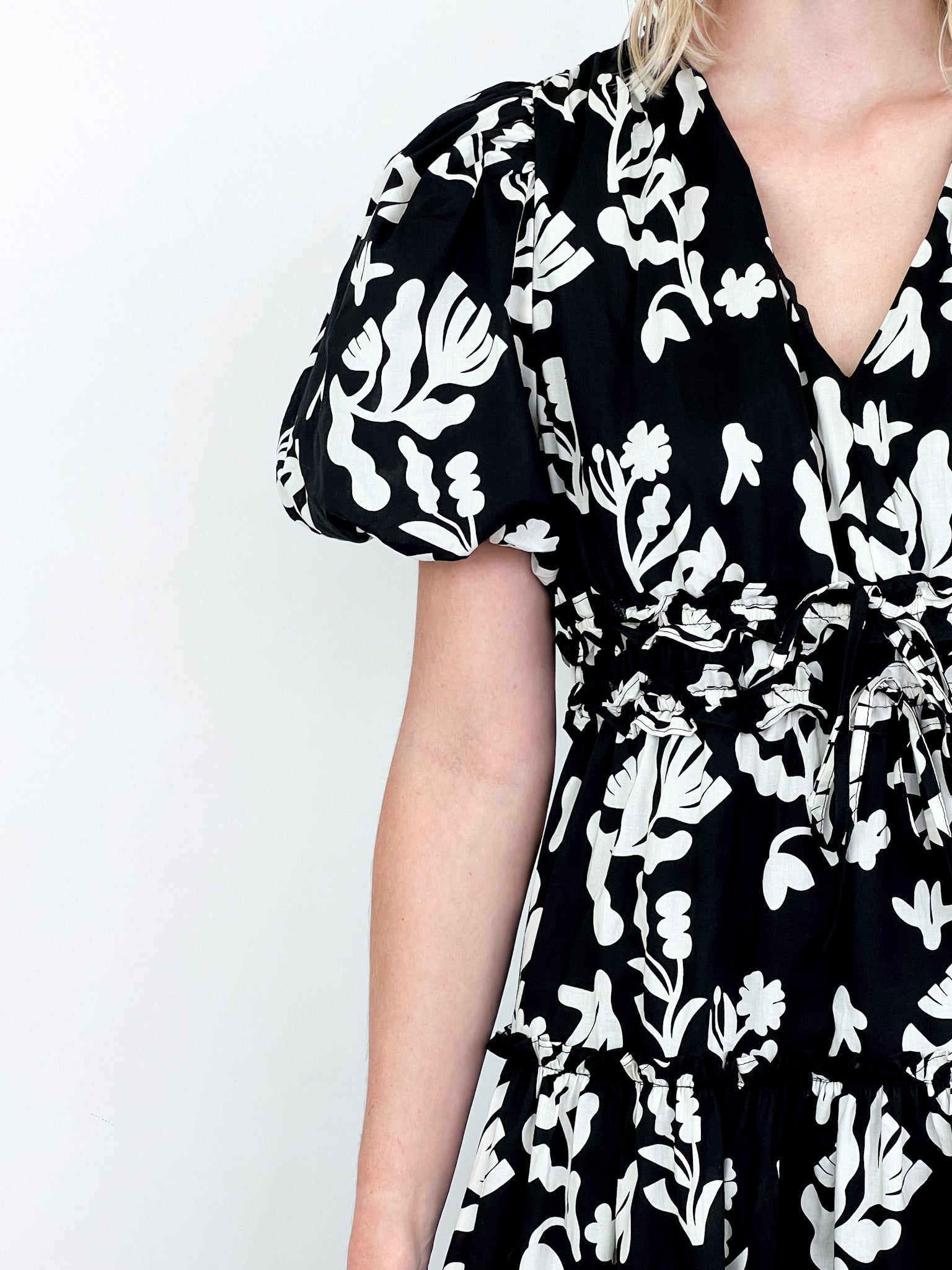 Katherine - Black + White Floral Tiered Midi Dress