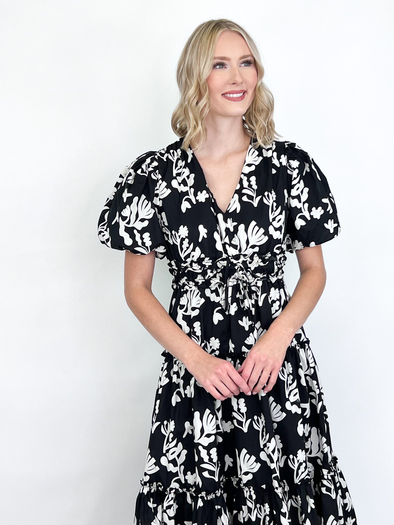 Katherine - Black + White Floral Tiered Midi Dress