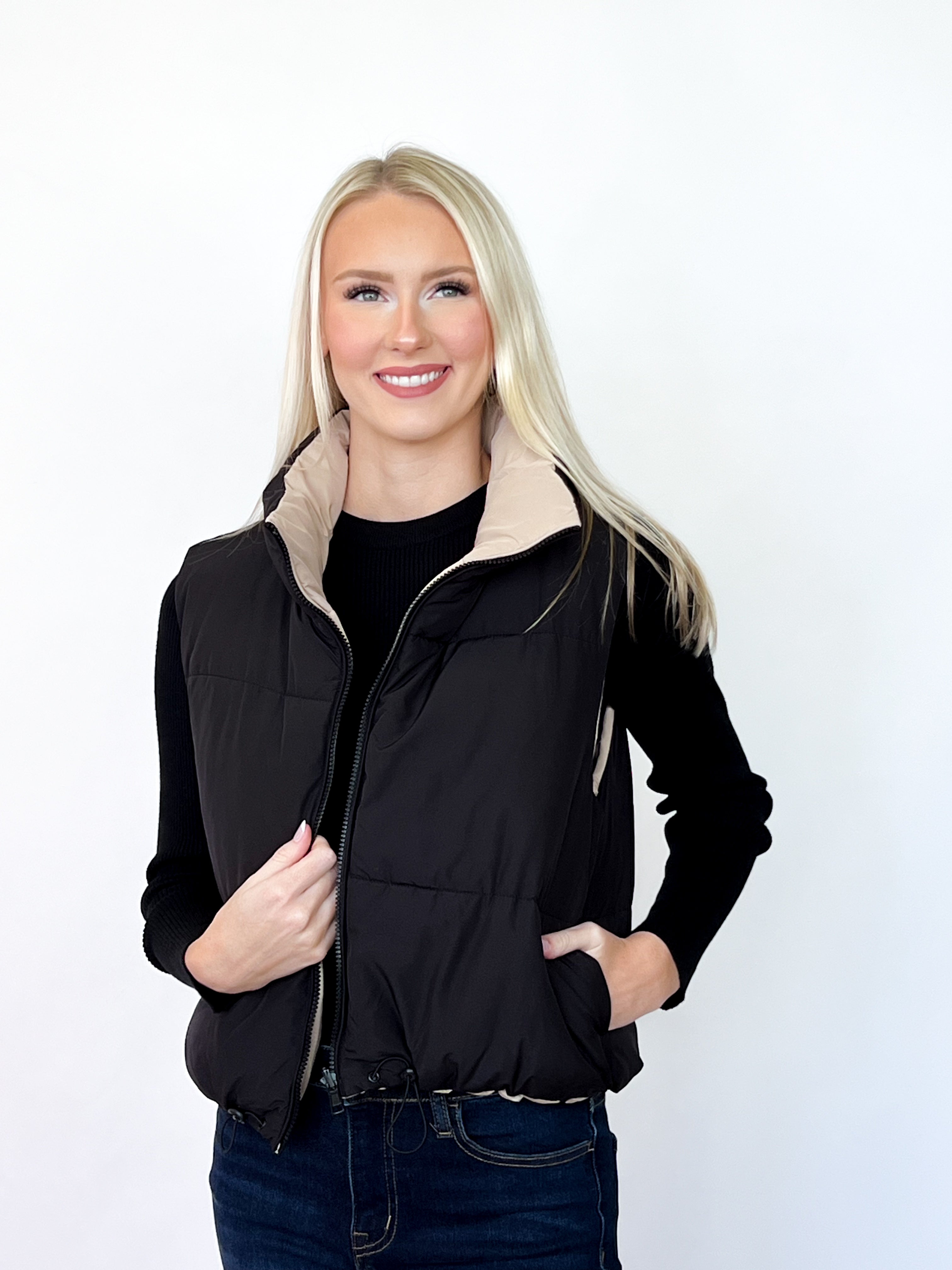 Mindy - Reversible Puffer Vest (Black/Tan)