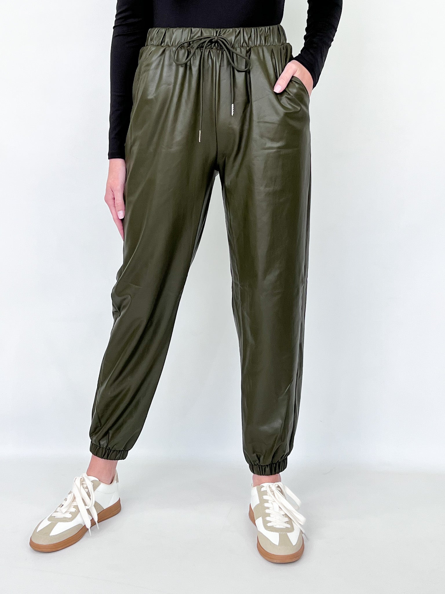 Addison - Olive Green Faux Leather Joggers