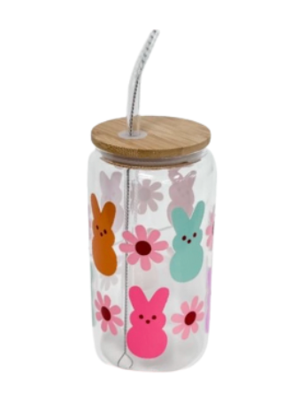 Drinking Glass 16 oz. - Pink, Orange, Blue, & Purple Bunnies