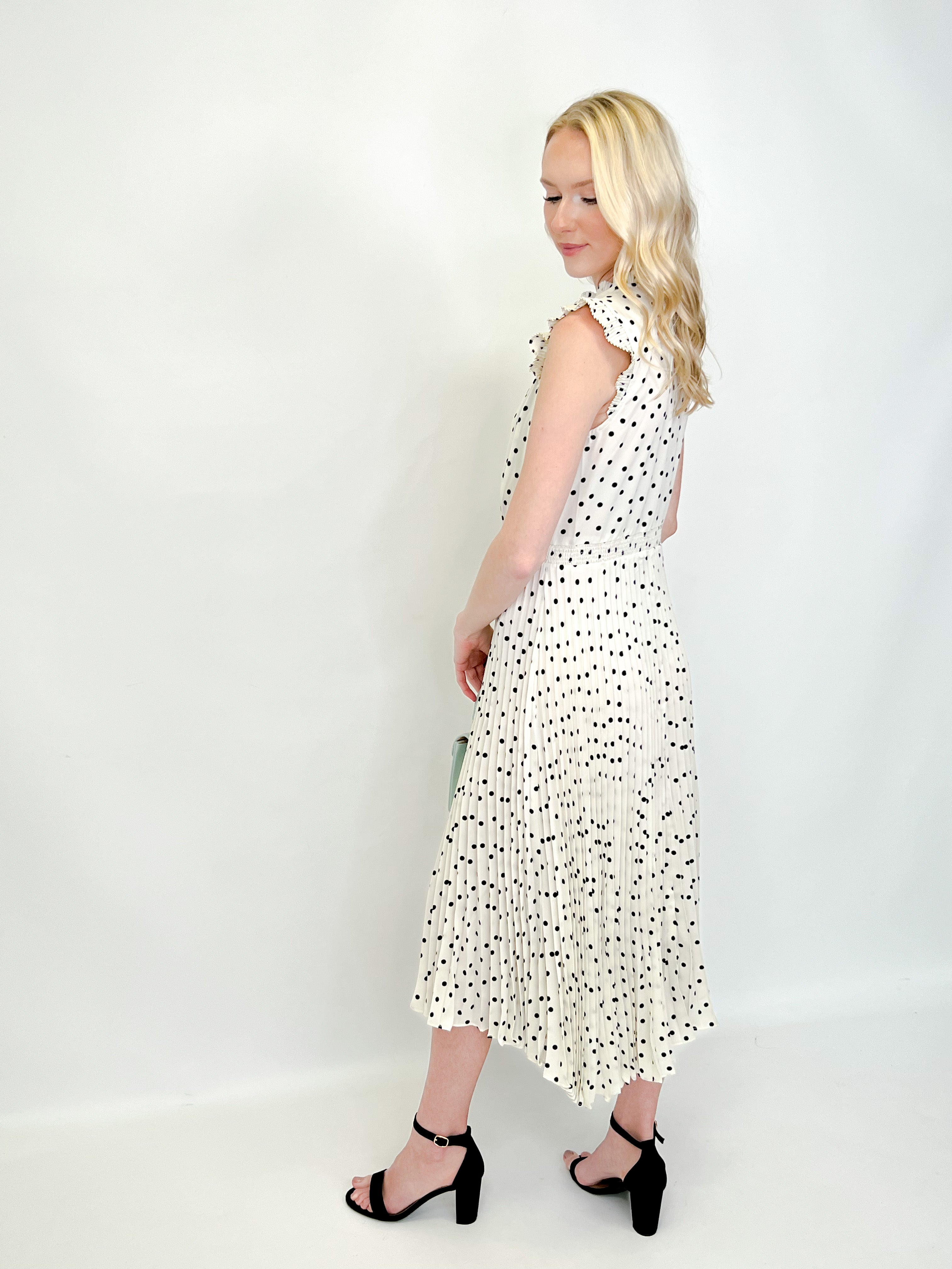 Diane - Polka Dot Pleated Midi Dress with Side Slits